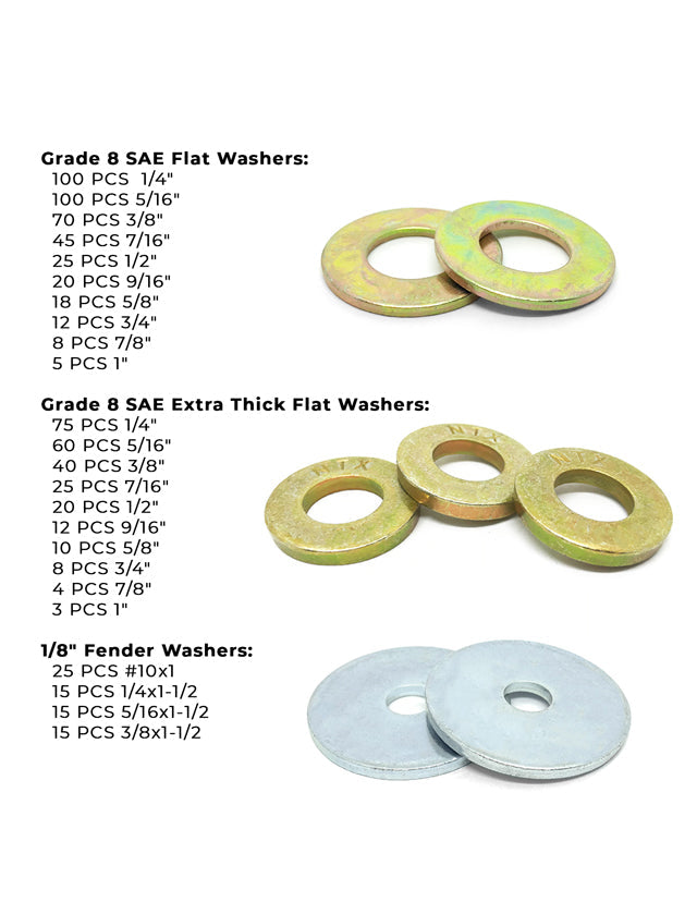 Inch Grade 8 SAE Regular & Extra Thick Flat Washers & Thick Fender Washers - 731 PCS