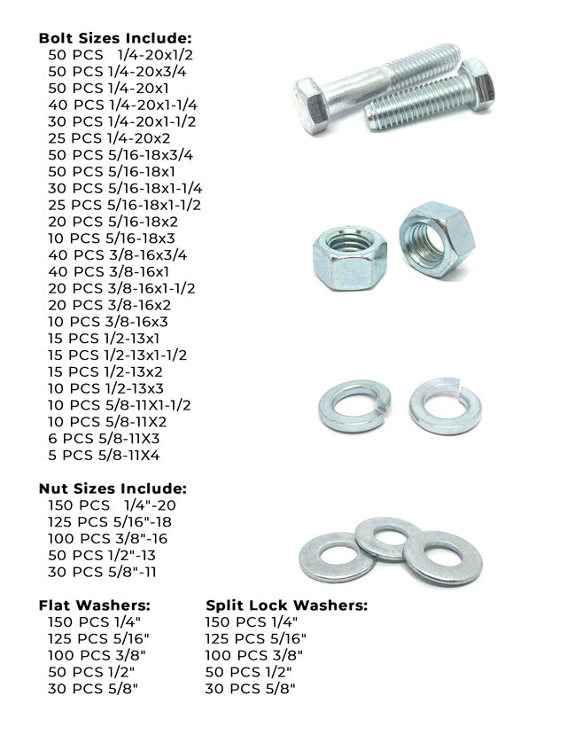 Inch Grade 5 Hex Cap Screws, Hex Nuts, Flat & Lock Washers - 2011 PCS