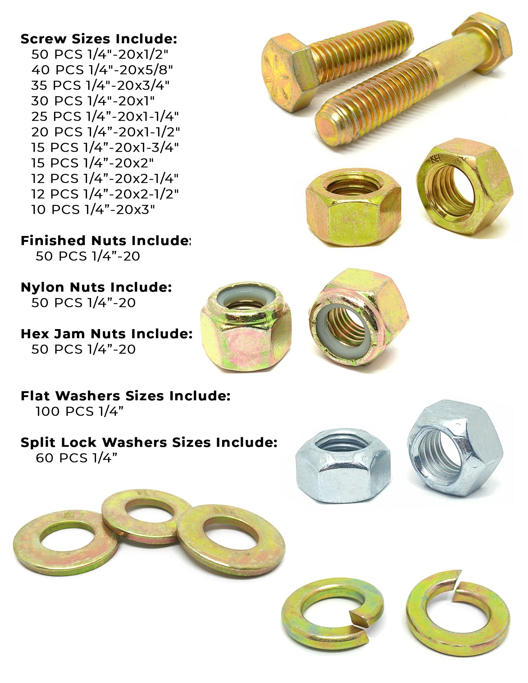 1/4"-20 Coarse Grade 8 Hex Cap Screws, Nuts, & Washers - 575 PCS