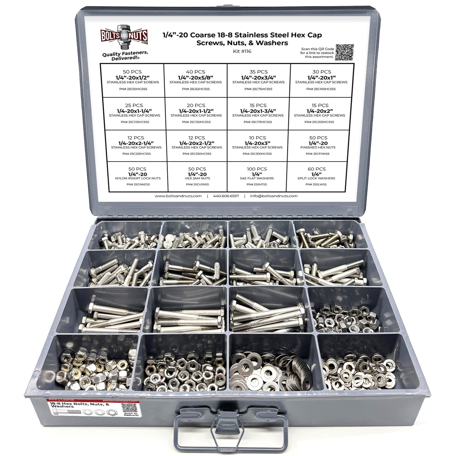 1/4"-20 Coarse 18-8 Stainless Steel Hex Cap Screws, Nuts, & Washers - 575 PCS