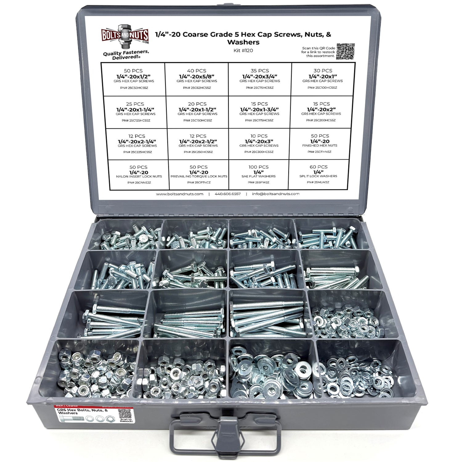 1/4"-20 Coarse Grade 5 Hex Cap Screws, Nuts, & Washers - 575 PCS