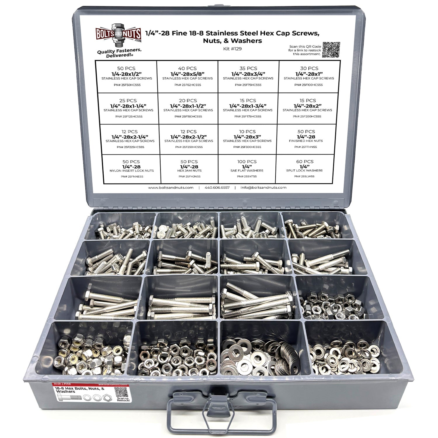1/4"-28 Fine 18-8 Stainless Steel Hex Cap Screws, Nuts, & Washers - 575 PCS
