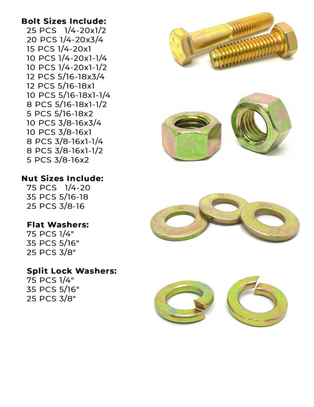 Inch Grade 8 Hex Cap Screws, Hex Nuts, Flat & Lock Washers - 573 PCS