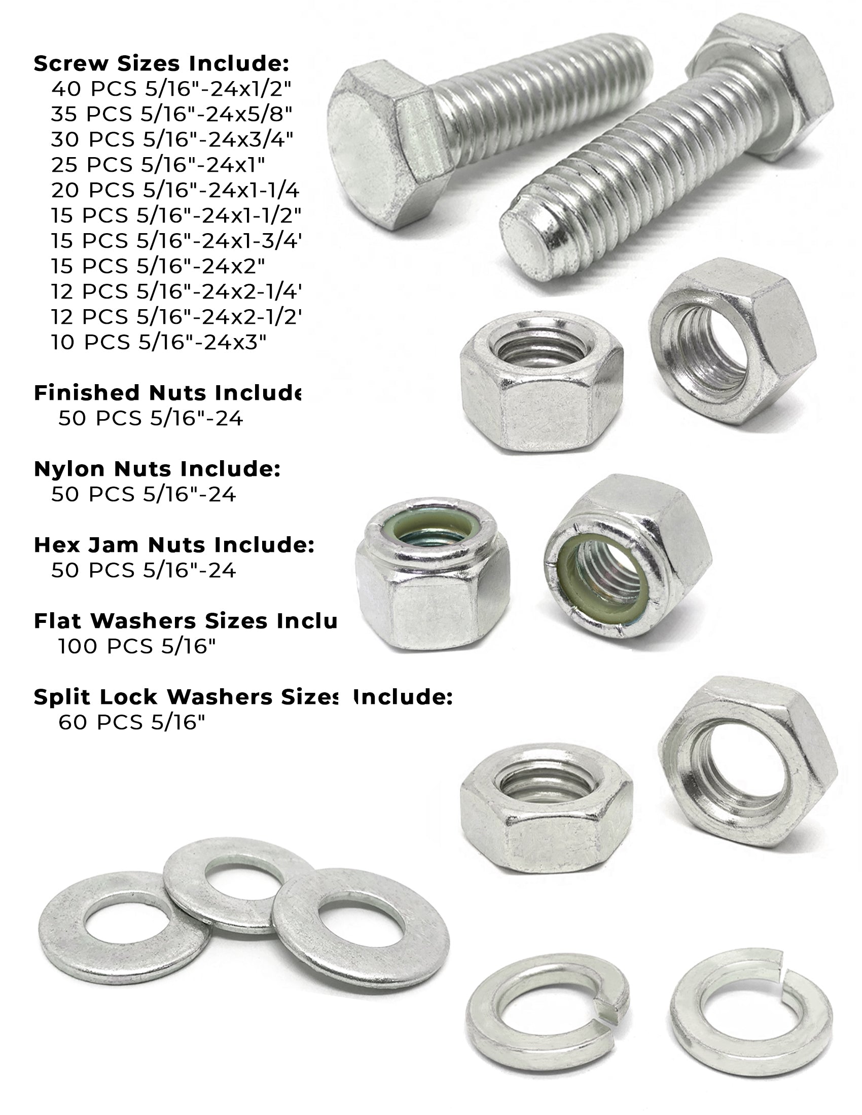 5/16"-24 Fine 18-8 Stainless Steel Hex Cap Screws, Nuts, & Washers - 540 PCS