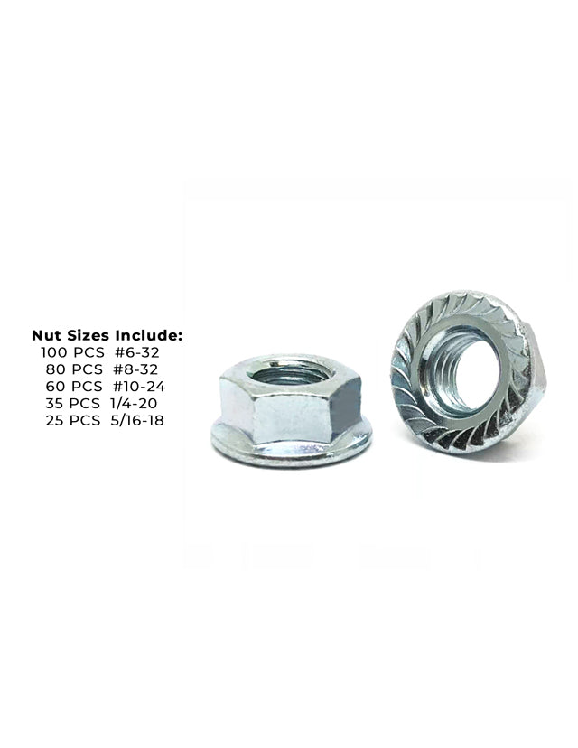 #6 #8 #10 1/4" 5/16" Coarse Case Hardened Serrated Hex Flange Nut Assortment - 301 PCS