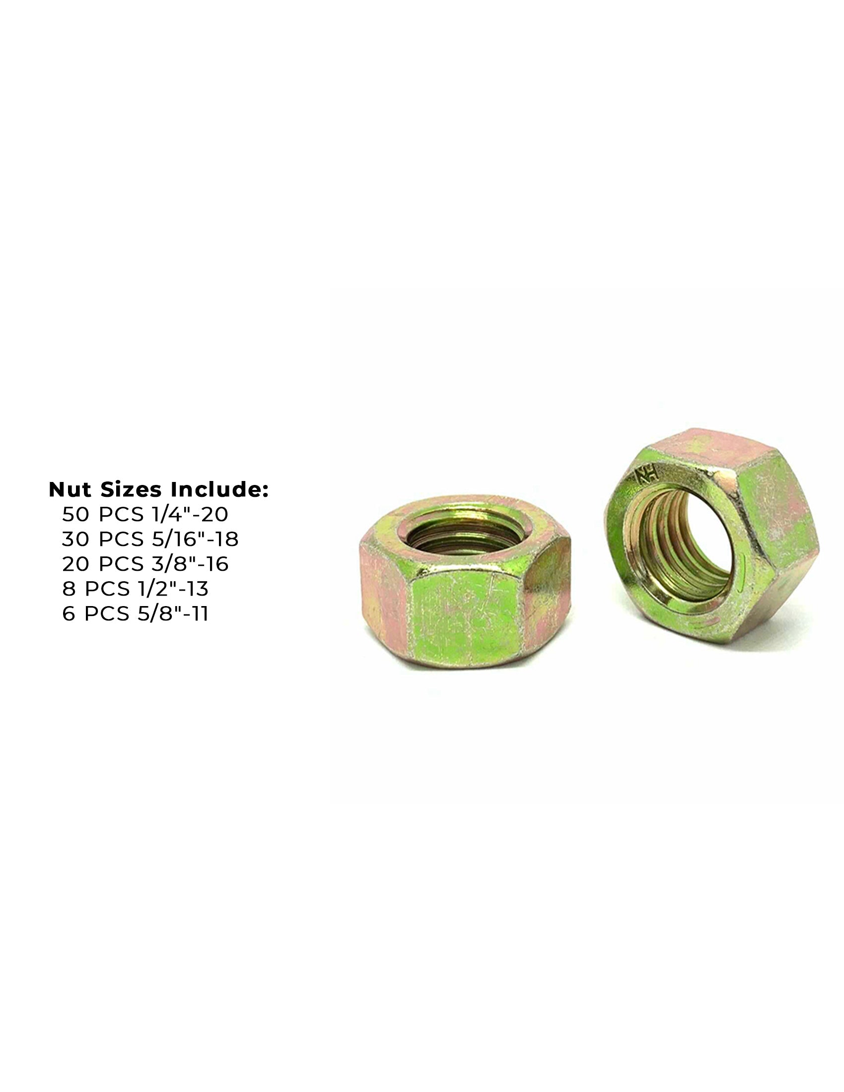Grade 8 Finished Hex Nuts Zinc Yellow USA Made Hardware Assortment- 115 PCS