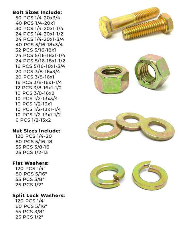 Inch Grade 8 Hex Cap Screws, Hex Nuts, Flat & Lock Washers Coarse Thread Zinc Yellow 1/4", 5/16" 3/8", & 1/2"  - 1269 PCS