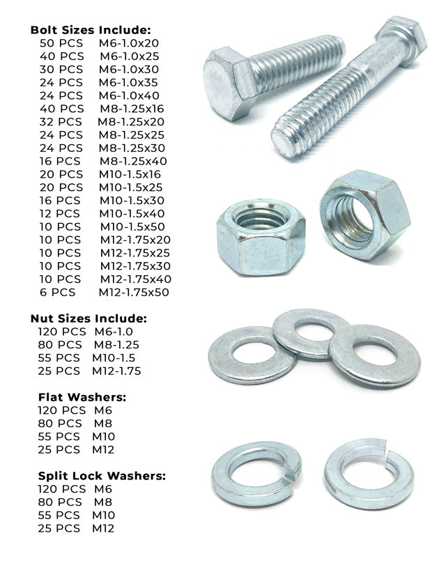 Metric Class 10.9 Hex Cap Screws, Hex Nuts, Flat & Lock Washers Coarse Thread Zinc Clear - 1269 PCS
