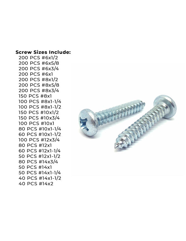 Phillips Pan Head Sheet Metal Self Tapping Screws Assortment - 2840 PCS