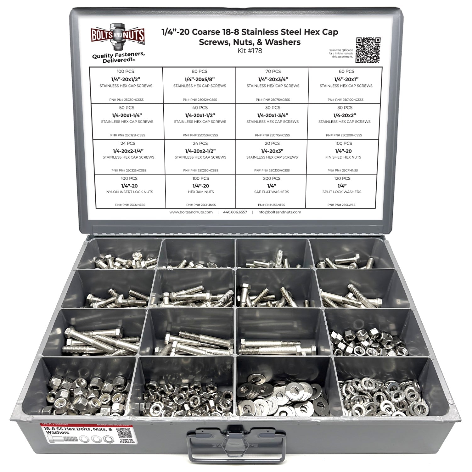 1/4"-20 Coarse 18-8 Stainless Steel Hex Cap Screws, Nuts, & Washers - 1149 PCS