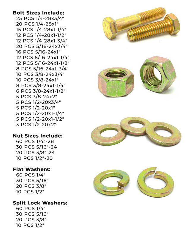 Inch Grade 8 Hex Cap Screws, Hex Nuts, Flat & Lock Washers Fine Thread Zinc Yellow 1/4", 5/16" 3/8", & 1/2" - 575 PCS