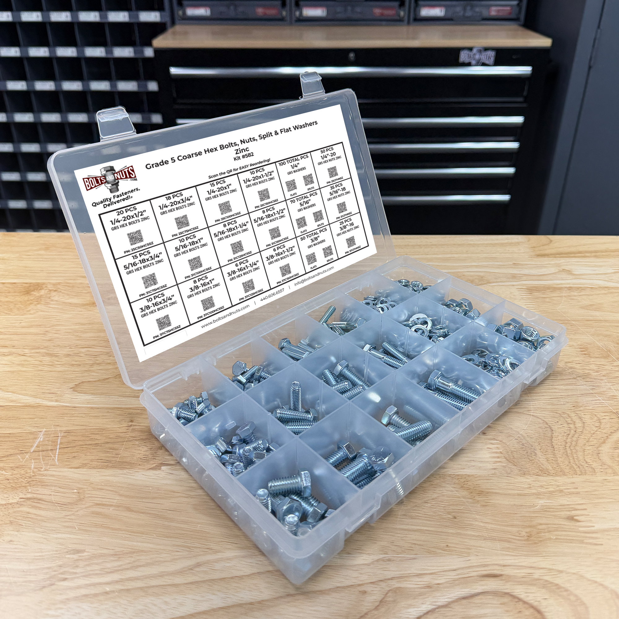 Assortment Kit #582 (465Pcs.) - Grade 5 Hex Cap Screws, Nuts, Washers Zinc w/ 18 Plastic Bin