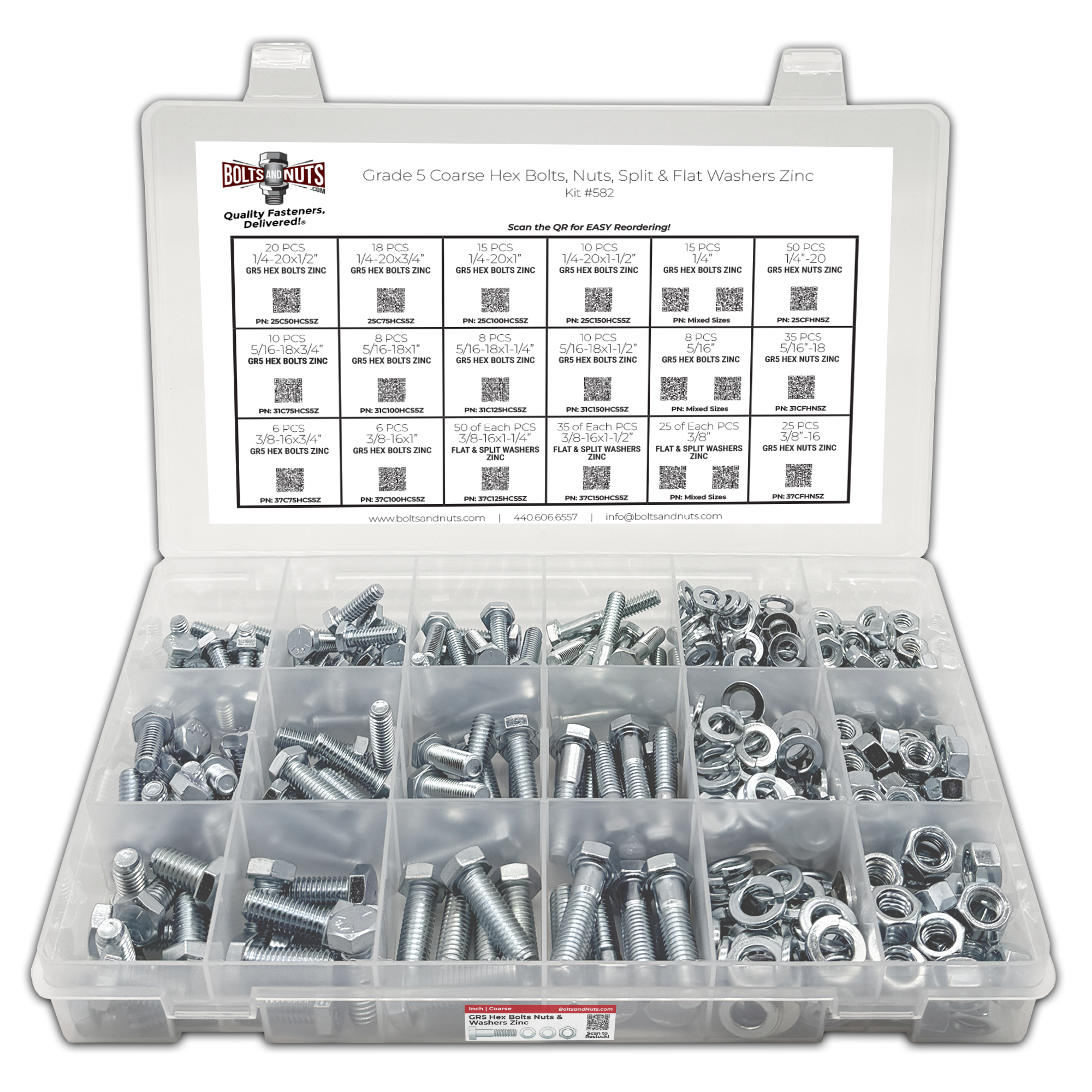 Assortment Kit #582 (465Pcs.) - Grade 5 Hex Cap Screws, Nuts, Washers Zinc w/ 18 Plastic Bin