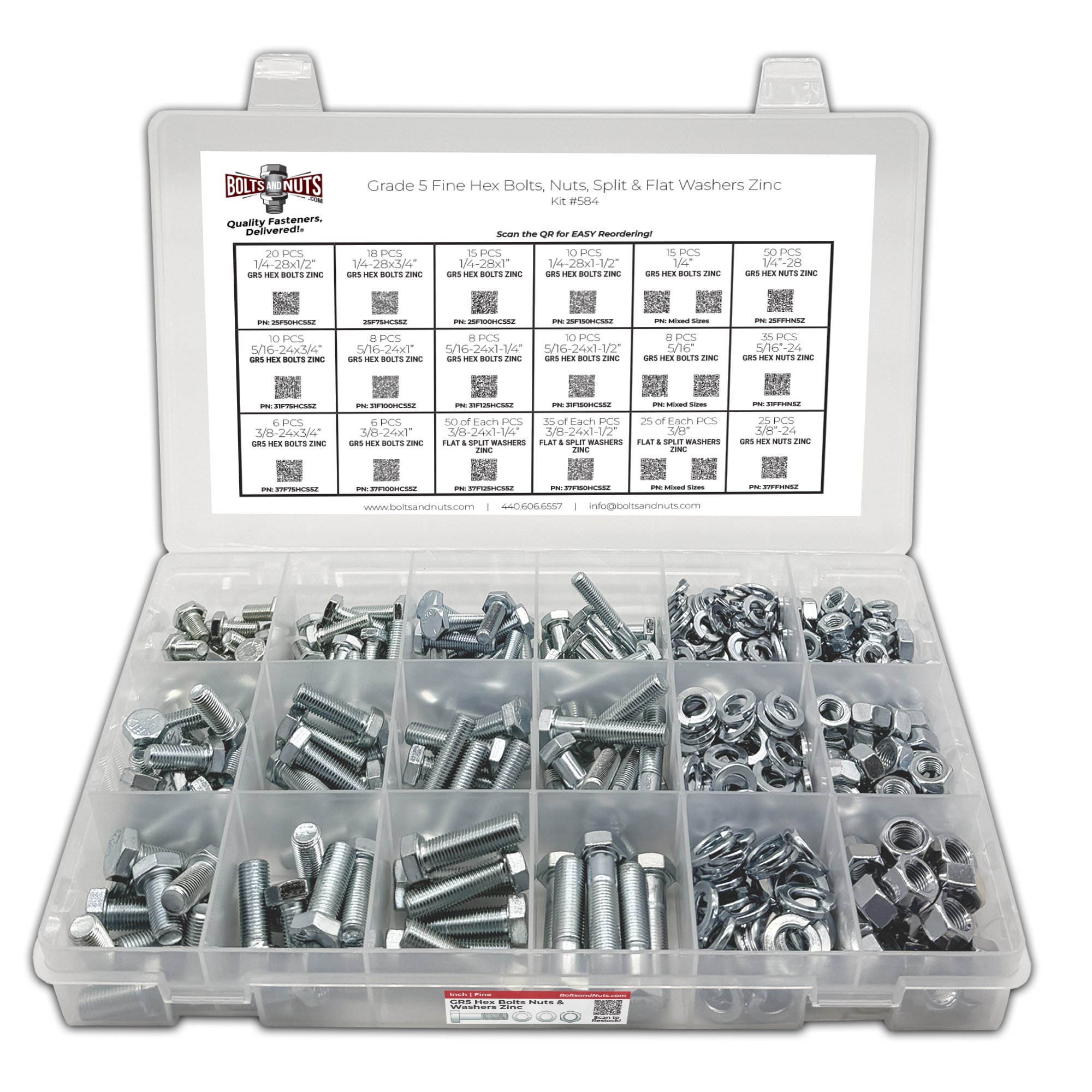 Assortment Kit #584 (465Pcs.) - FINE Grade 5 Hex Cap Screws, FINE Nuts, Washers Zinc w/ 18 Plastic Bin