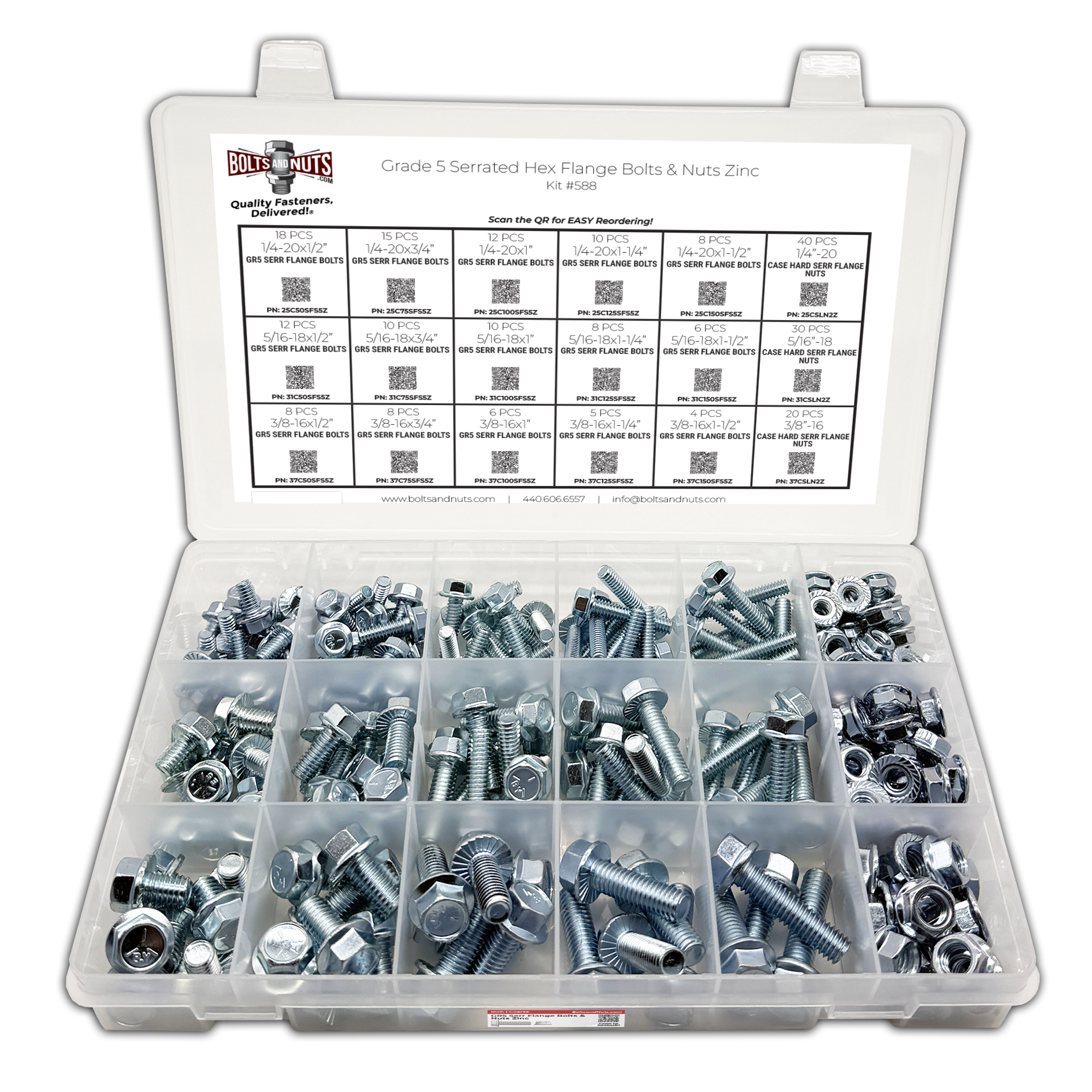 Assortment Kit #588 (231Pcs.) Grade 5 Serrated Flange Screws & Hardened Serrated Flange Nuts - Zinc Plated