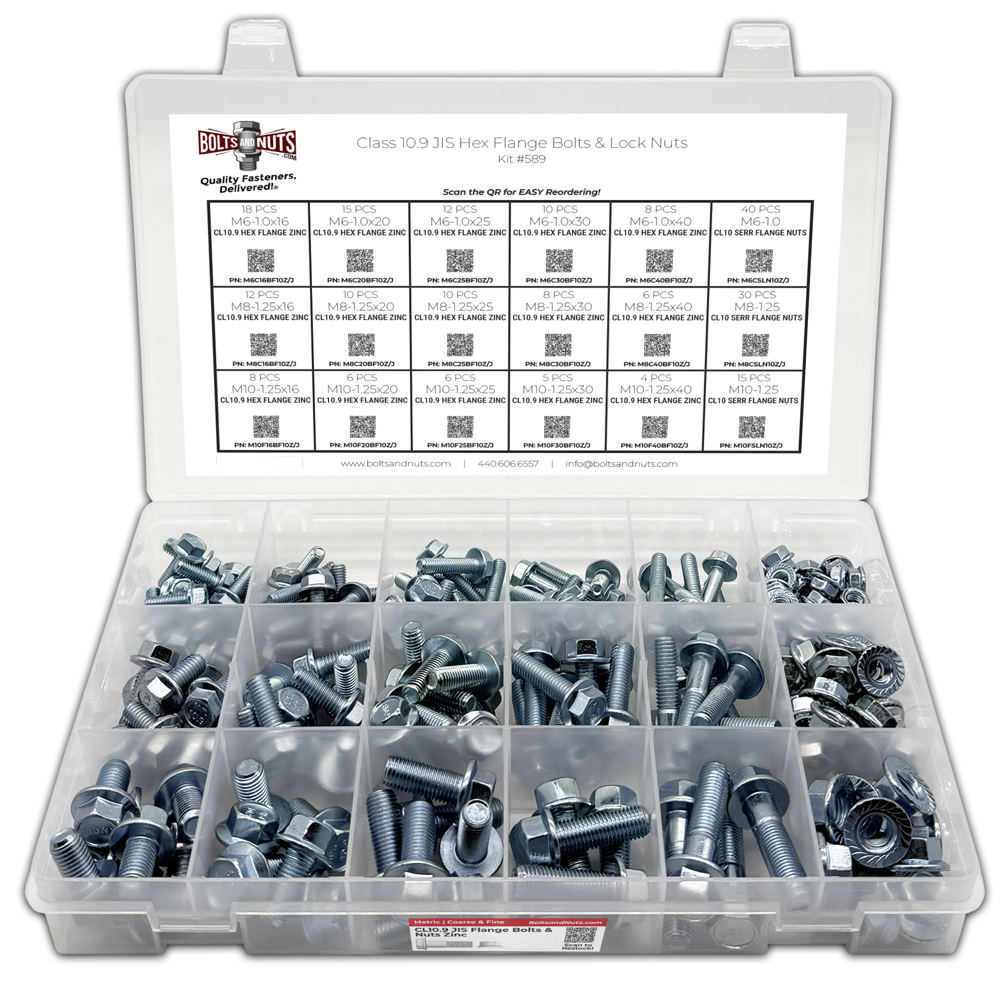 Assortment Kit #589 (224Pcs.) JIS Grade 10.9 Metric Flange Screws & Class 10 Serrated Flange Nuts - Zinc Plated