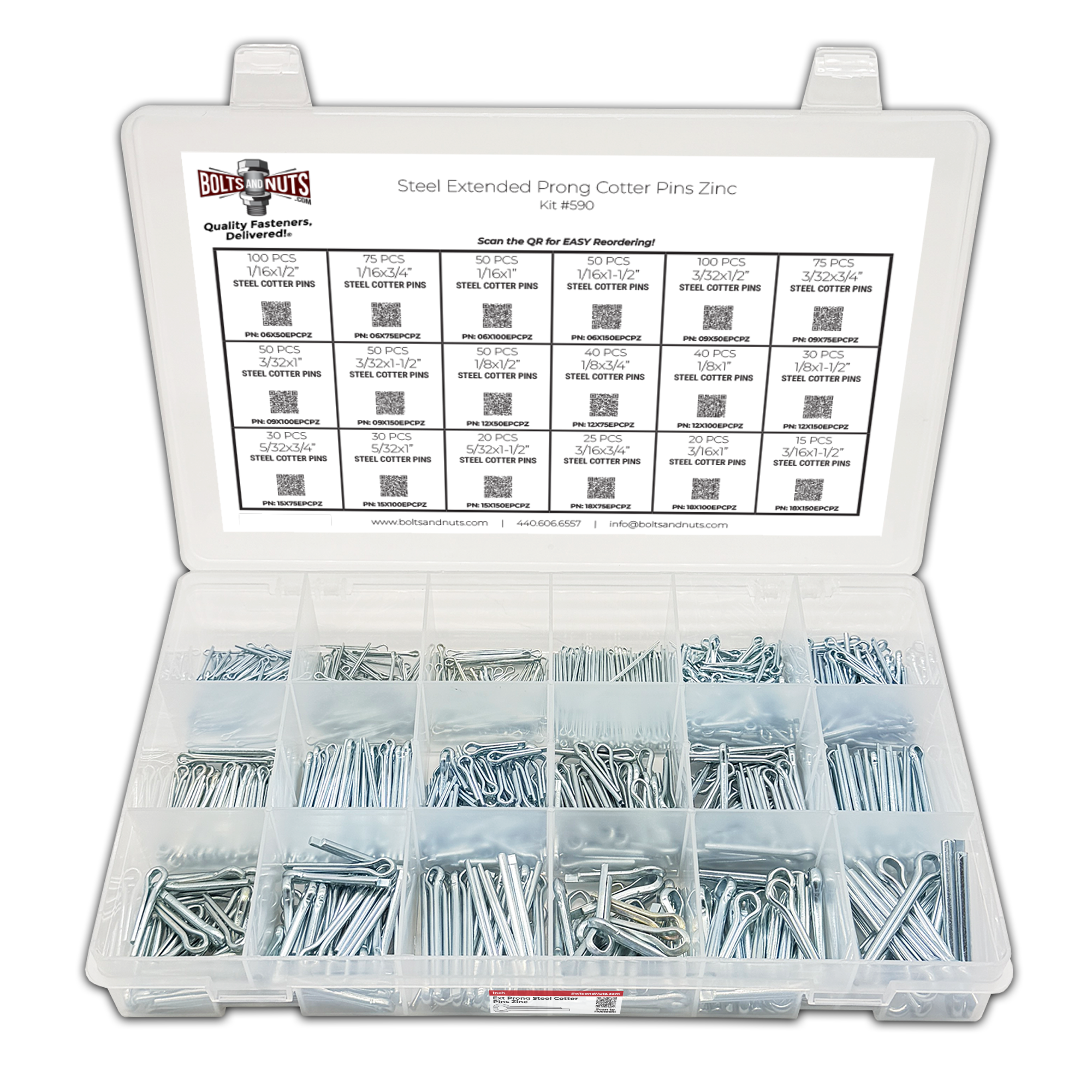 Assortment Kit #590 (851Pcs.) Steel Extended Prong Cotter Pins - Zinc Clear 1/16" 3/32" 1/8" 5/32" 3/16"  w/ 18 Hole Plastic Bin