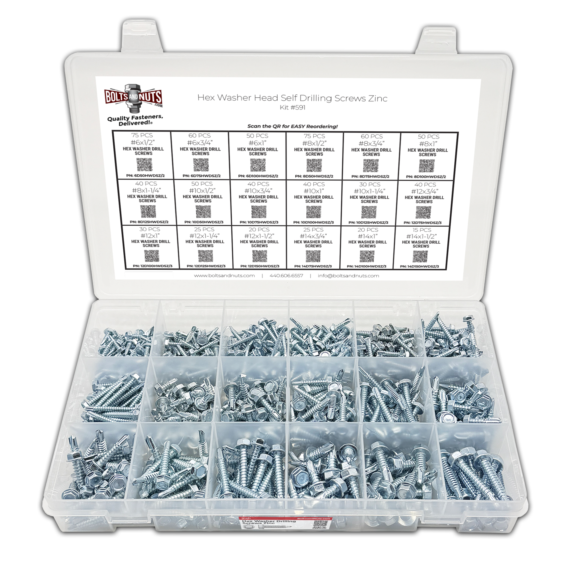 Assortment Kit #591 (746Pcs.) Hex Washer Head Drill Screw Kit - Zinc Plated