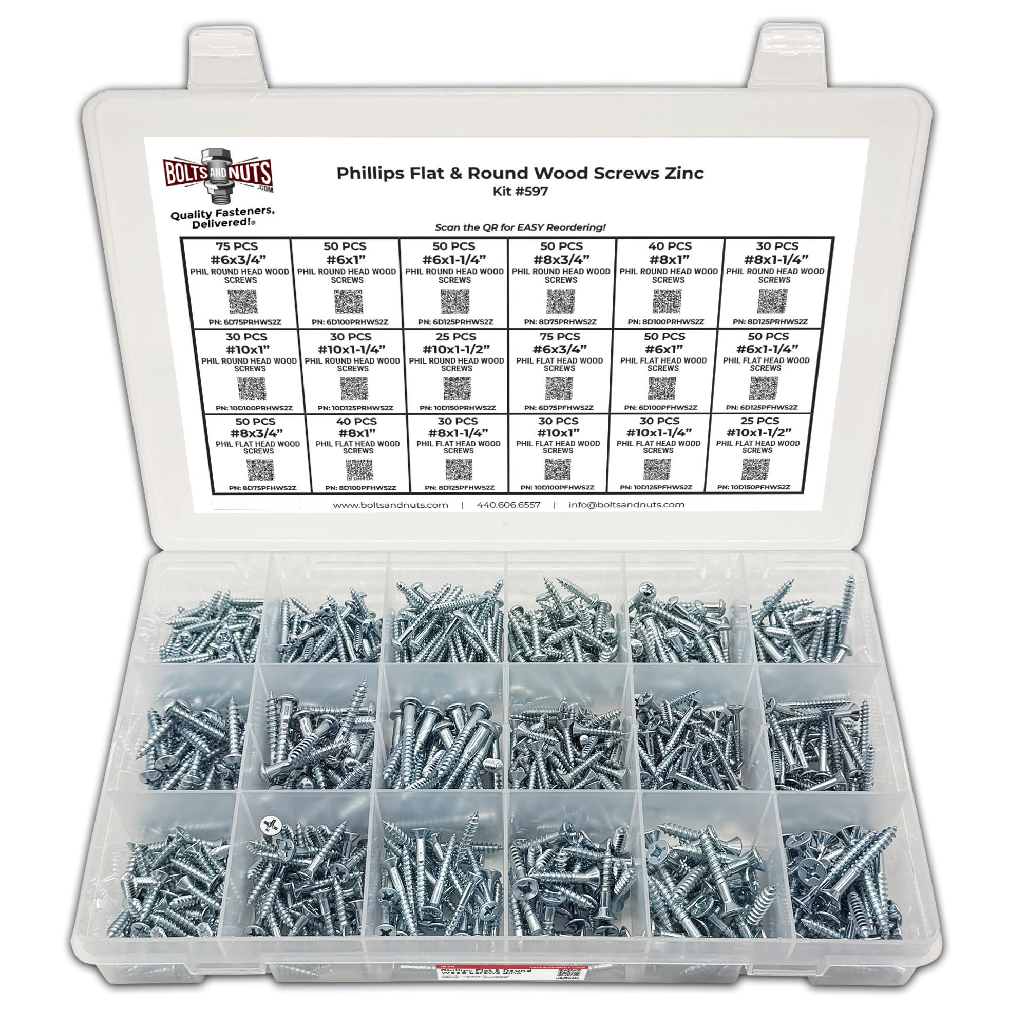 Assortment Kit #597 (761Pcs.) Phillips Flat & Round Wood Screws Zinc