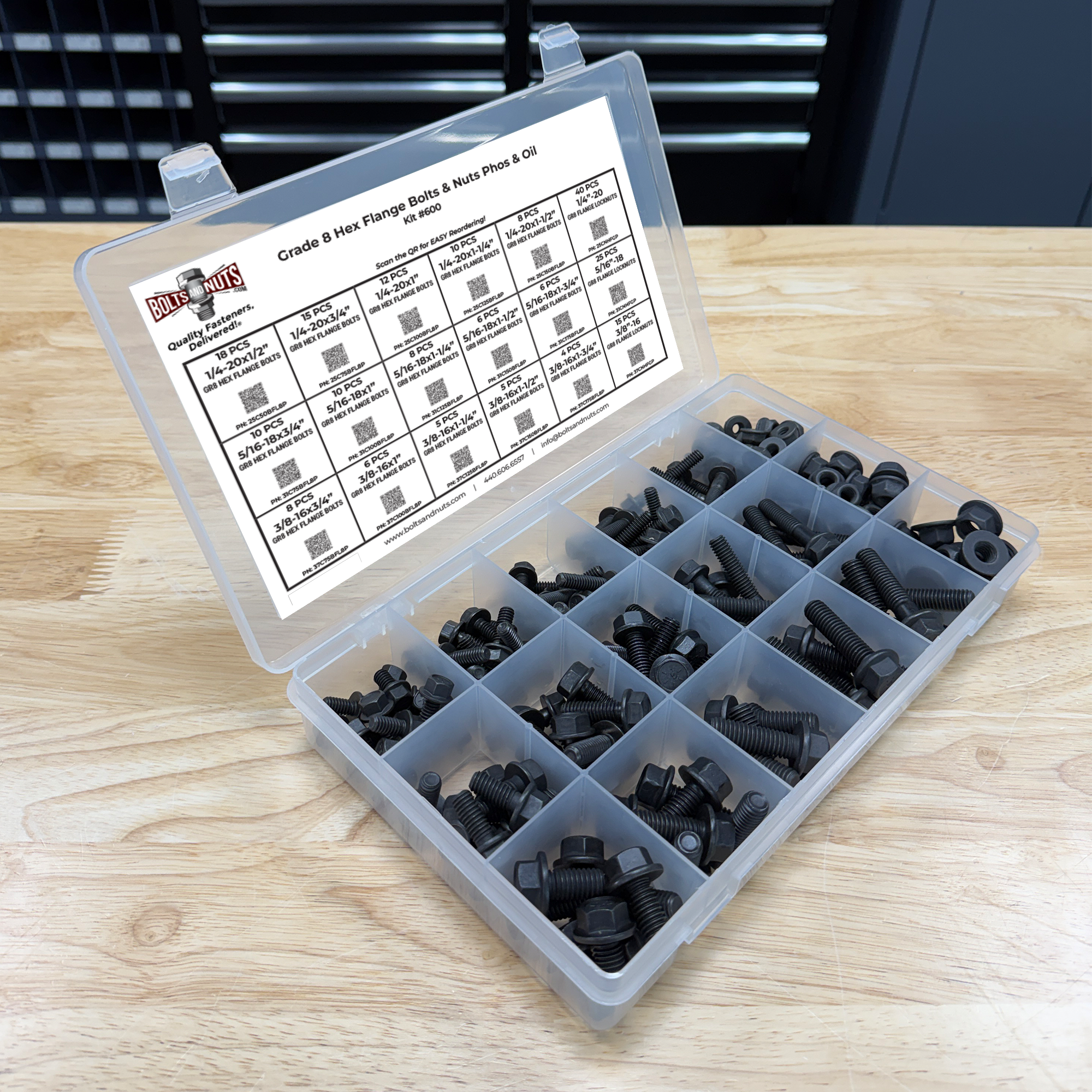 Assortment Kit #600 (212Pcs.) Grade 8 Flange Bolt & Nut Assortment Kit Flange Screws Black Phos