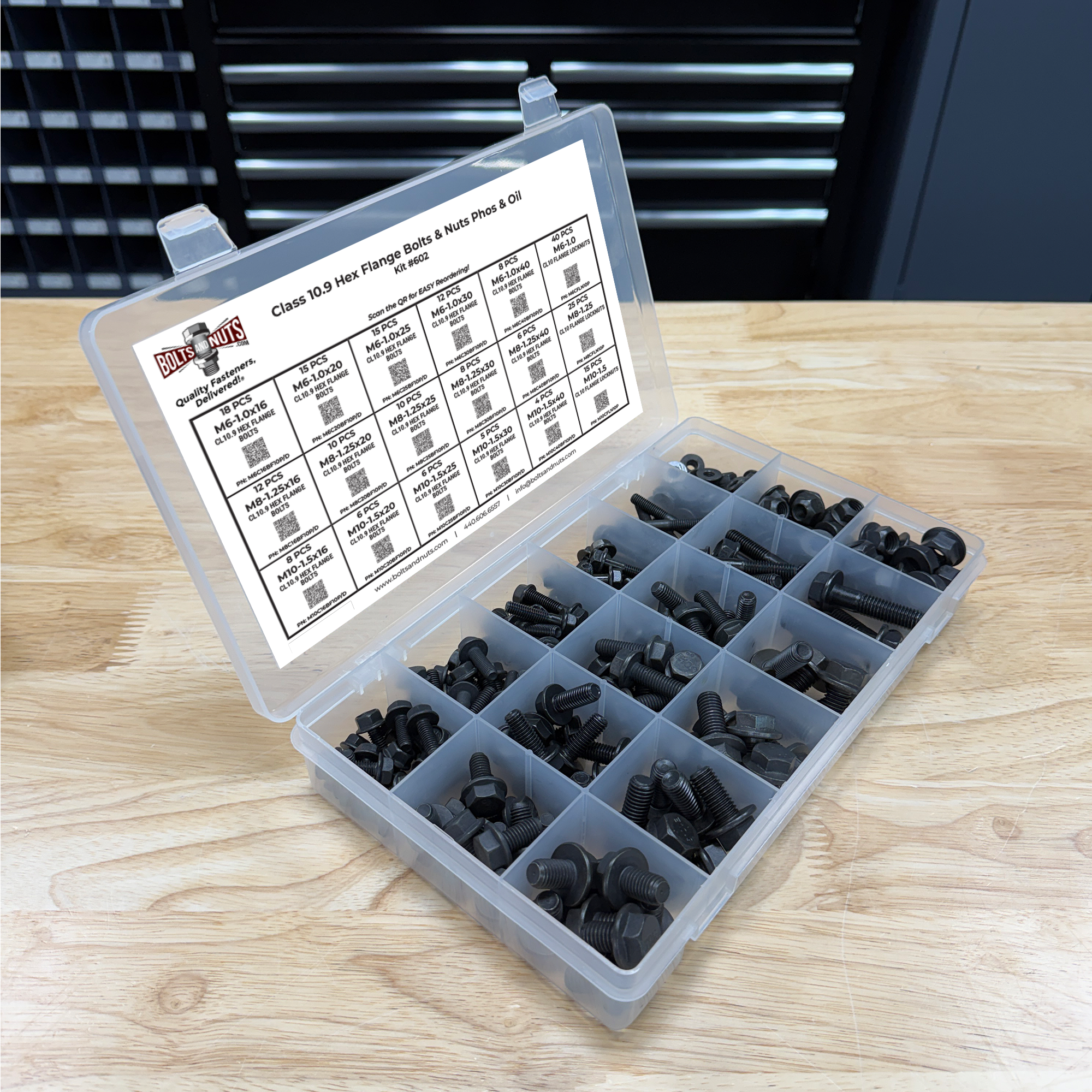 Assortment Kit #602 (224Pcs.) DIN Grade 10.9 Metric Flange Screws & Class 10 Flange Locknuts - Phos & Oil Finish
