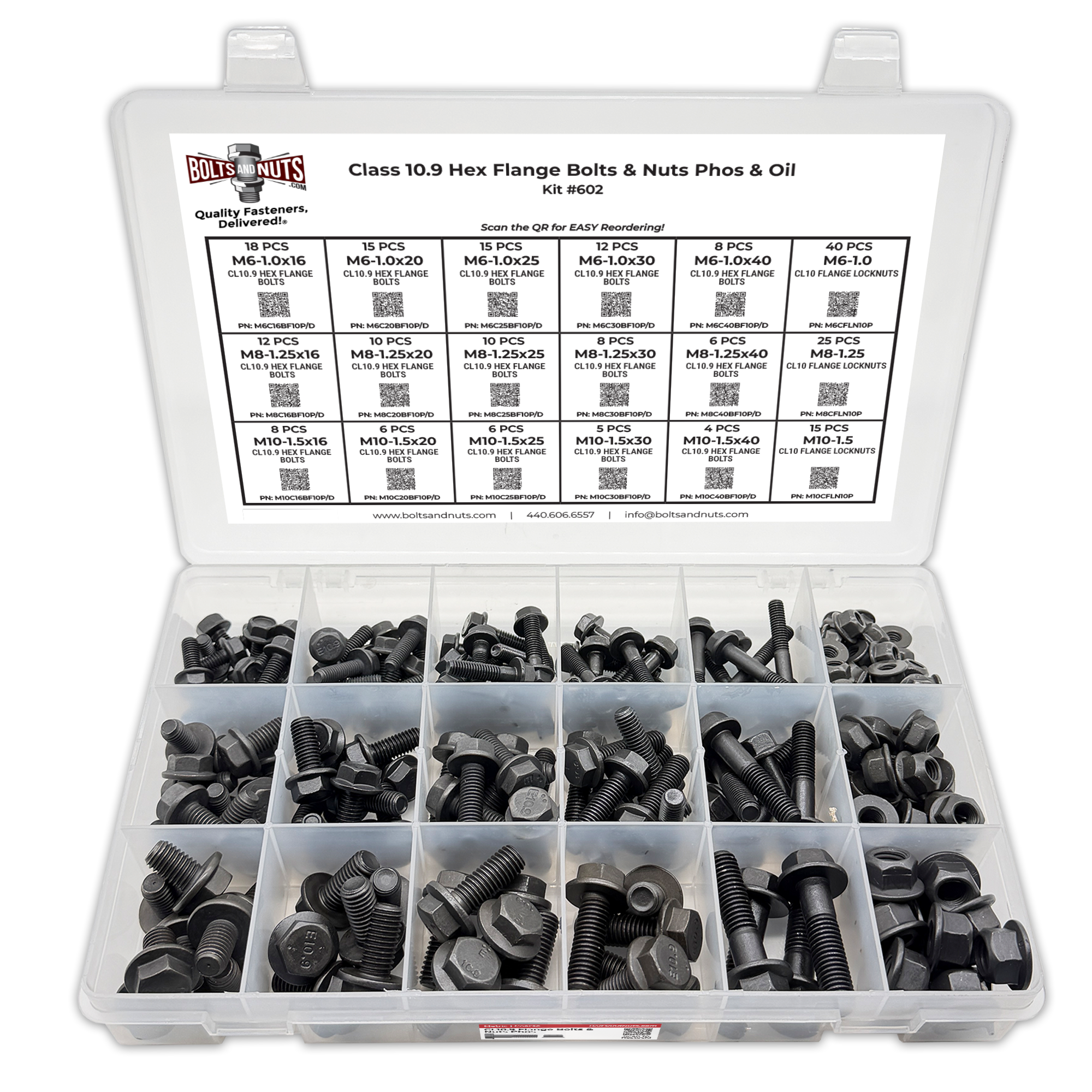 Assortment Kit #602 (224Pcs.) DIN Grade 10.9 Metric Flange Screws & Class 10 Flange Locknuts - Phos & Oil Finish