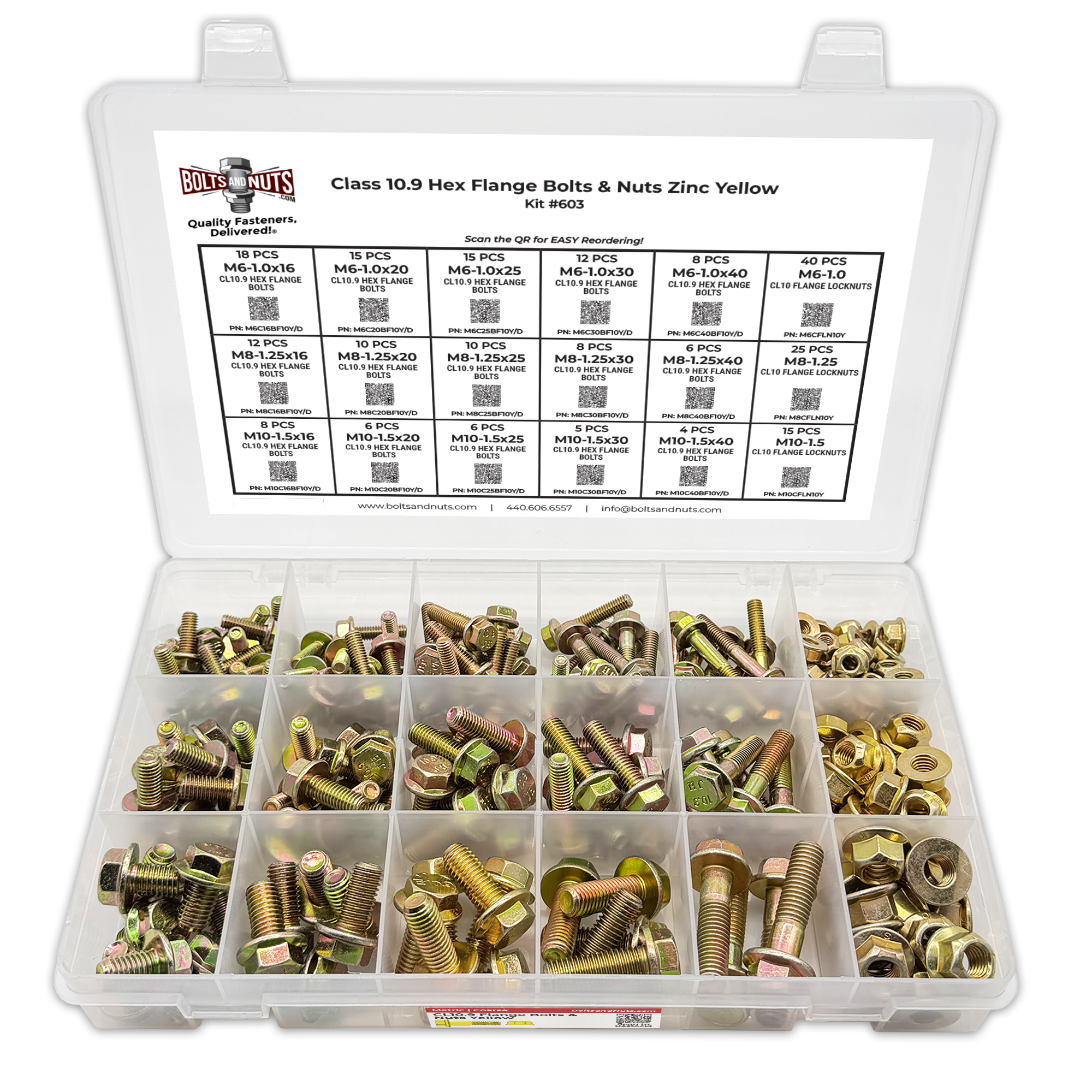 Assortment Kit #603 (224Pcs.) DIN Grade 10.9 Metric Flange Screws & Class 10 Flange Locknuts - Zinc Yellow Finish