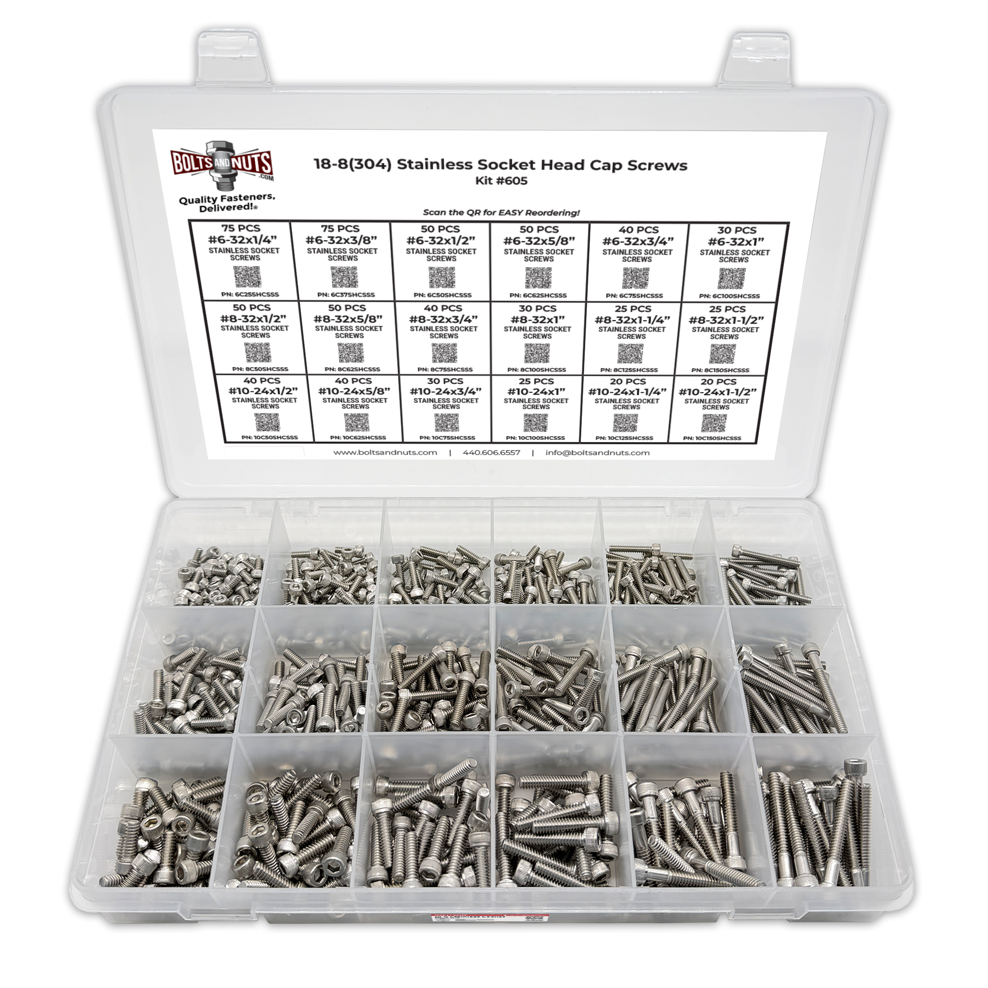 Assortment Kit #605 (716Pcs.)  Small Inch 18-8 Stainless Steel Socket Cap Screws #6 #8 #10