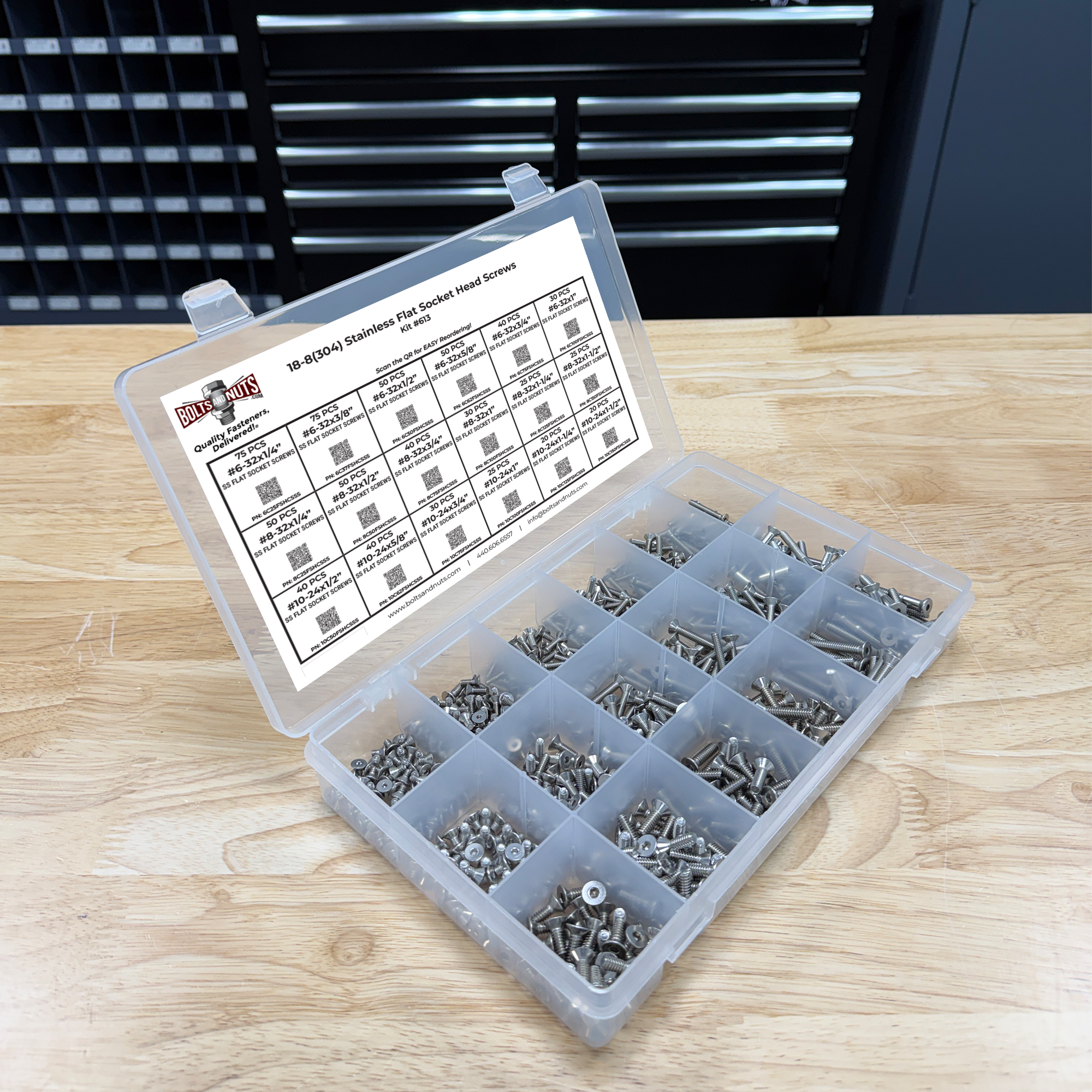 Assortment Kit #613 (716Pcs.)  Small Inch 18-8 Stainless Steel Flat Socket Cap Screws #6 #8 #10