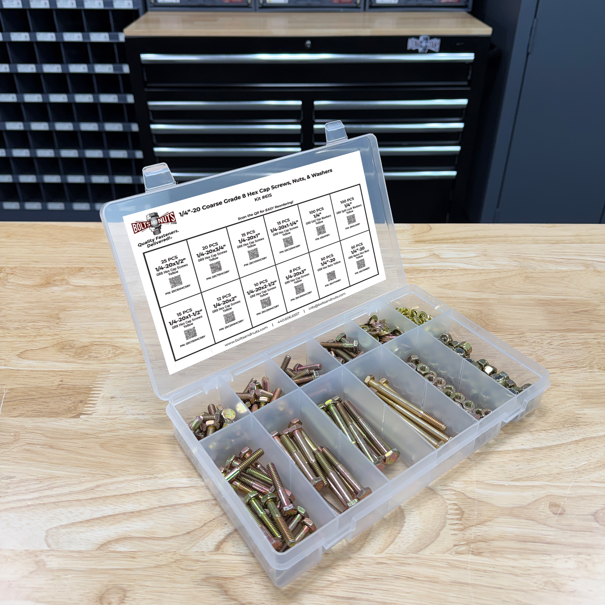 Assortment Kit #615 (421Pcs.) 1/4"-20 Grade 8 Hex Cap Screws, Grade 8 Hex & Nylon Nuts, Grade 8 Flat & Lock Washers - Zinc Yellow