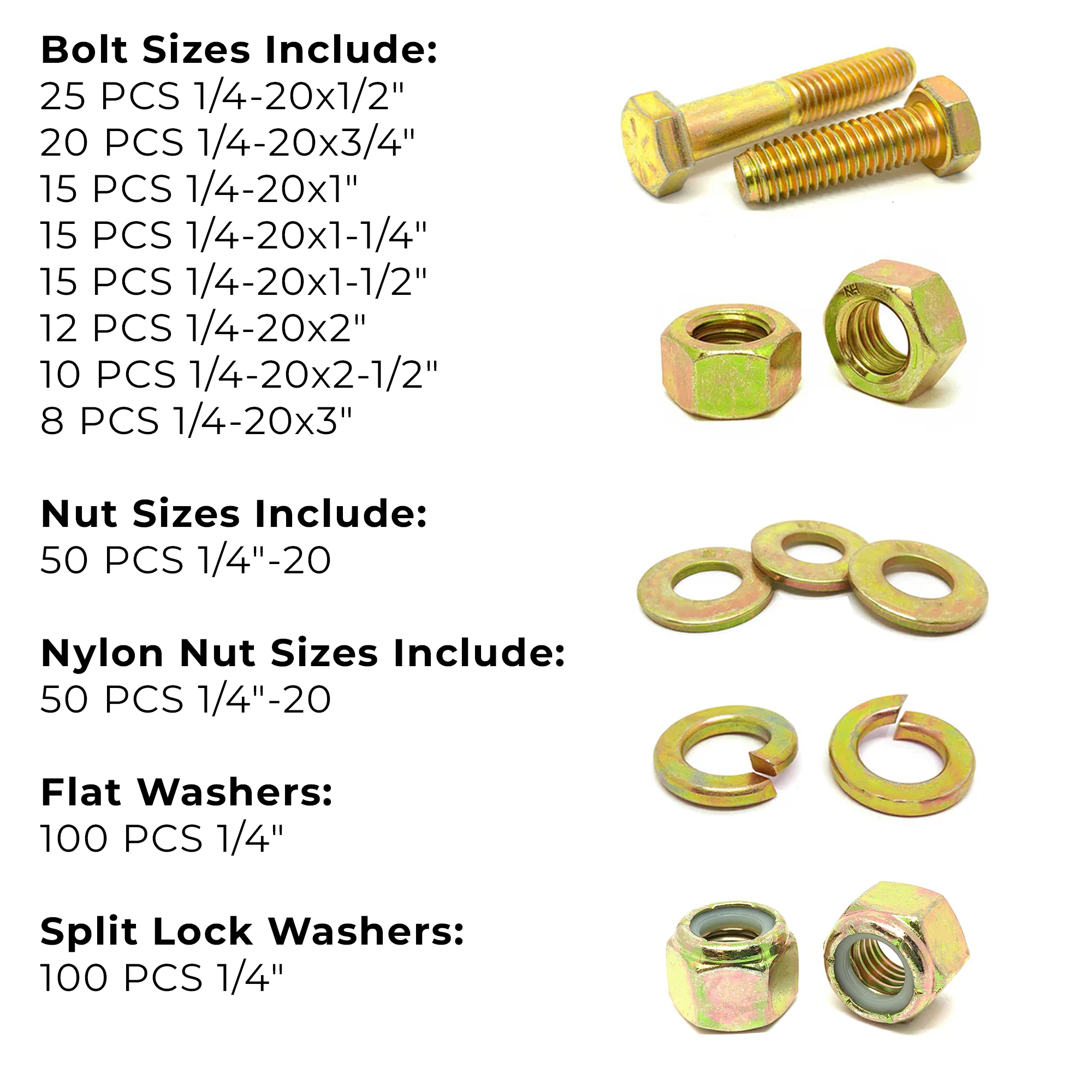 Assortment Kit #615 (421Pcs.) 1/4"-20 Grade 8 Hex Cap Screws, Grade 8 Hex & Nylon Nuts, Grade 8 Flat & Lock Washers - Zinc Yellow