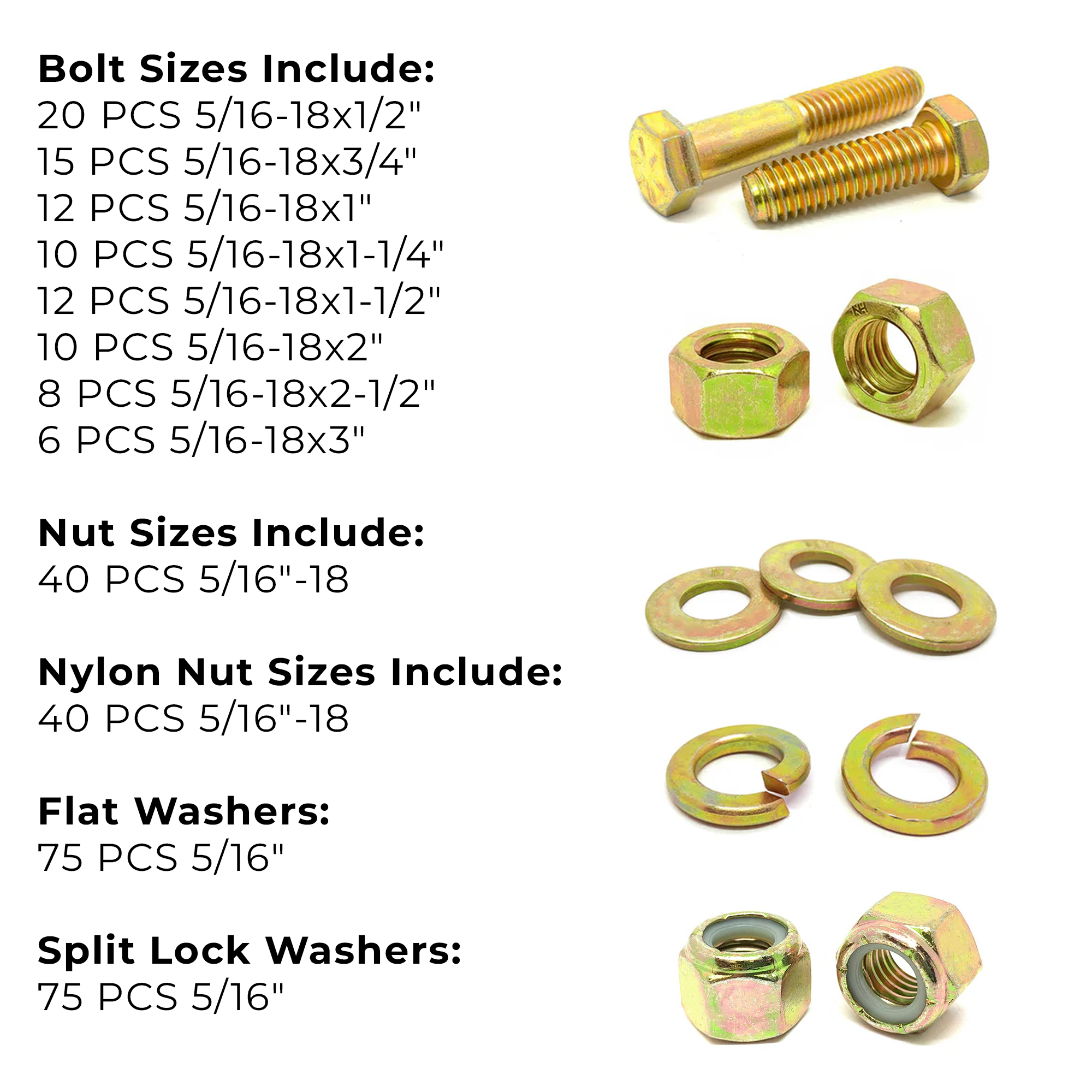 Assortment Kit #616 (324Pcs.) 5/16"-18 Grade 8 Hex Cap Screws, Grade 8 Hex & Nylon Nuts, Grade 8 Flat & Lock Washers - Zinc Yellow
