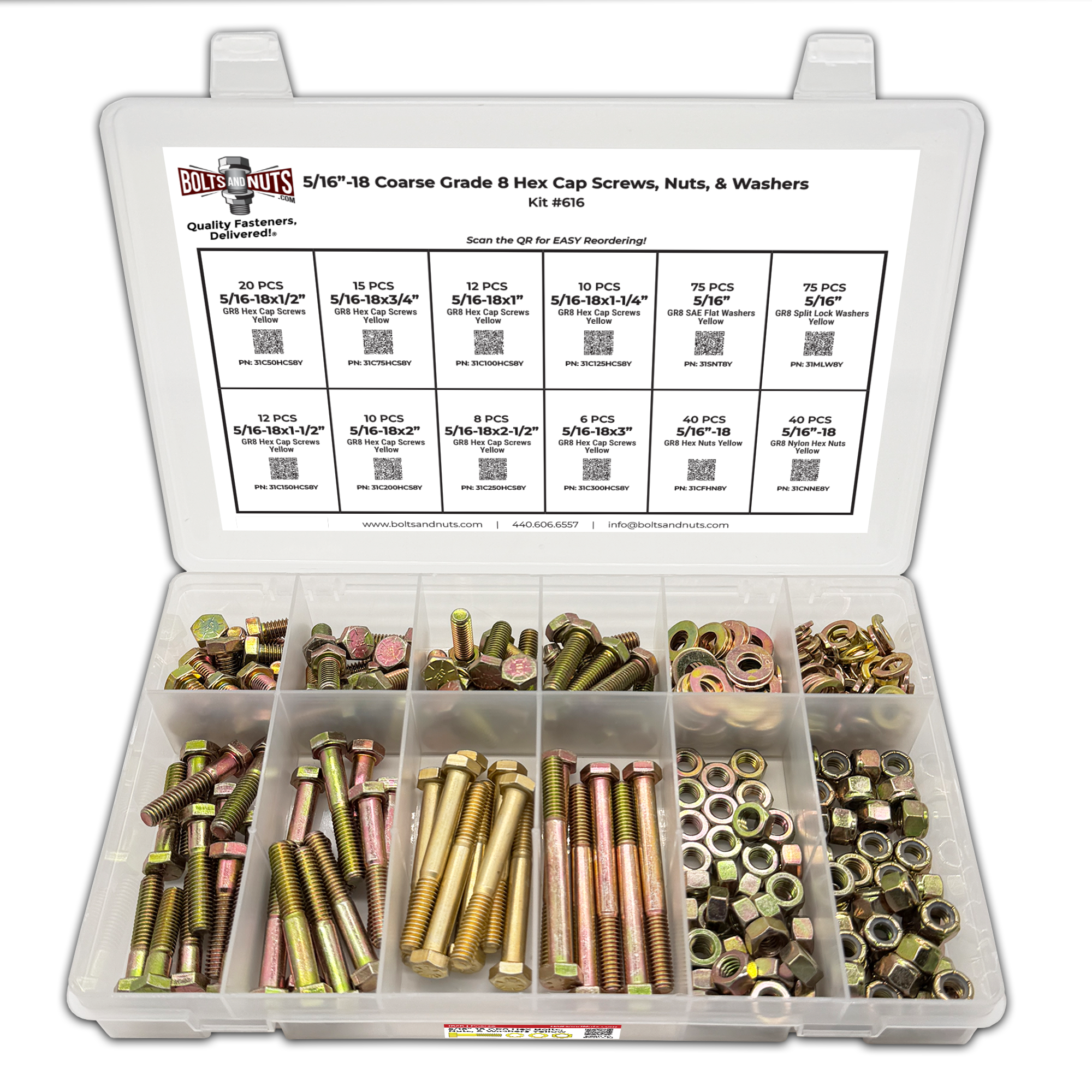 Assortment Kit #616 (324Pcs.) 5/16"-18 Grade 8 Hex Cap Screws, Grade 8 Hex & Nylon Nuts, Grade 8 Flat & Lock Washers - Zinc Yellow