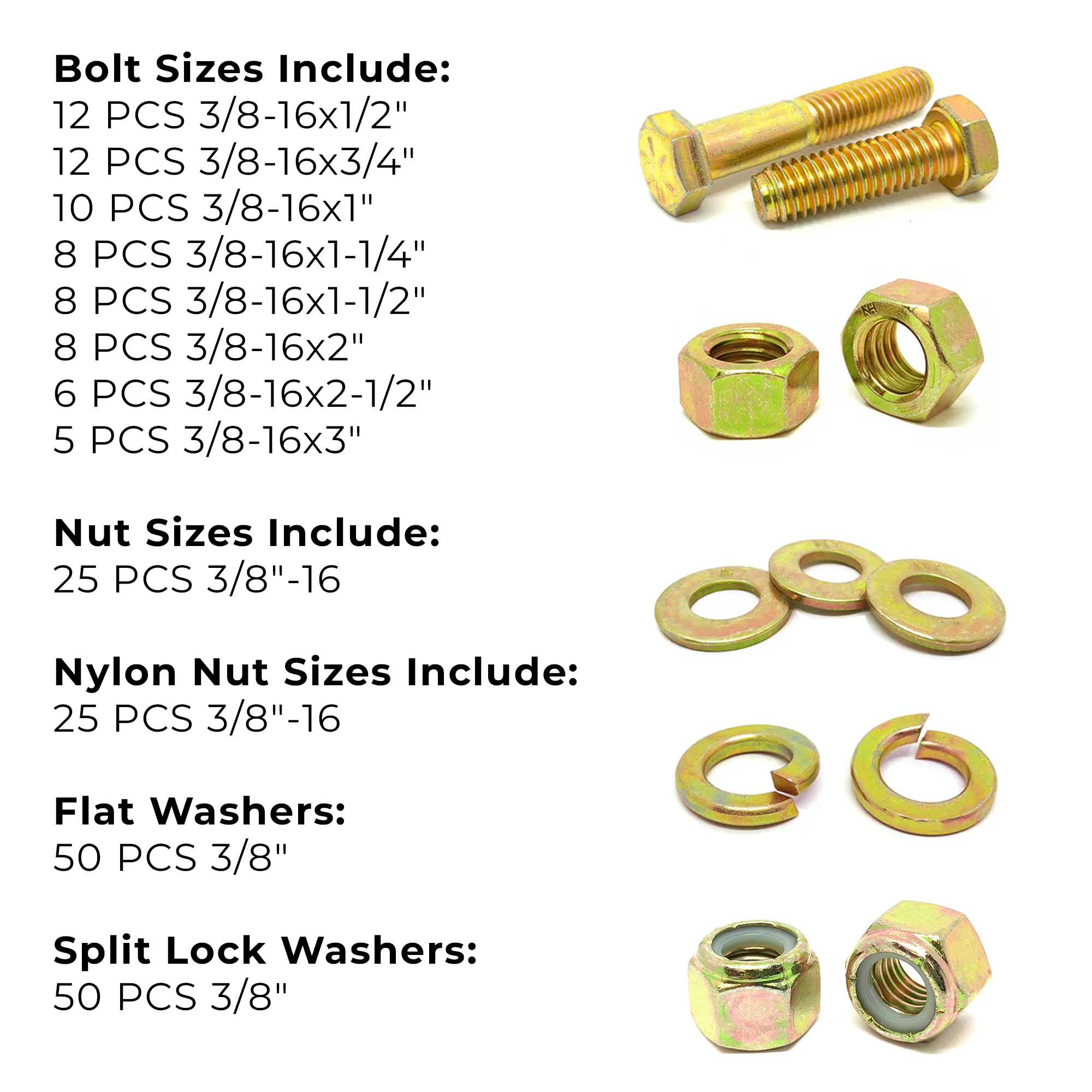 Assortment Kit #617 (220Pcs.) 3/8"-16 Grade 8 Hex Cap Screws, Grade 8 Hex & Nylon Nuts, Grade 8 Flat & Lock Washers - Zinc Yellow