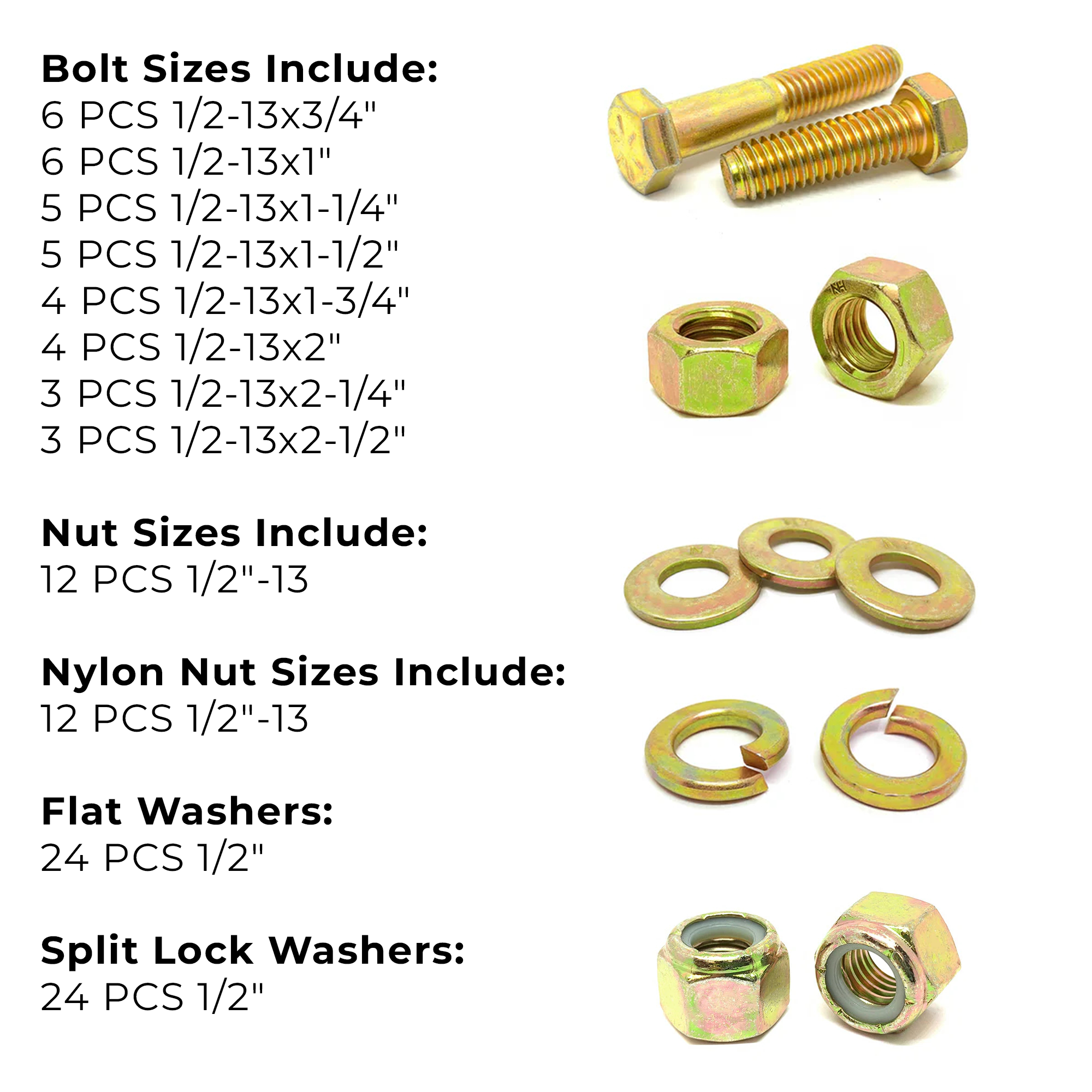 Assortment Kit #619 (109Pcs.) 1/2"-13 Grade 8 Hex Cap Screws, Grade 8 Hex & Nylon Nuts, Grade 8 Flat & Lock Washers - Zinc Yellow