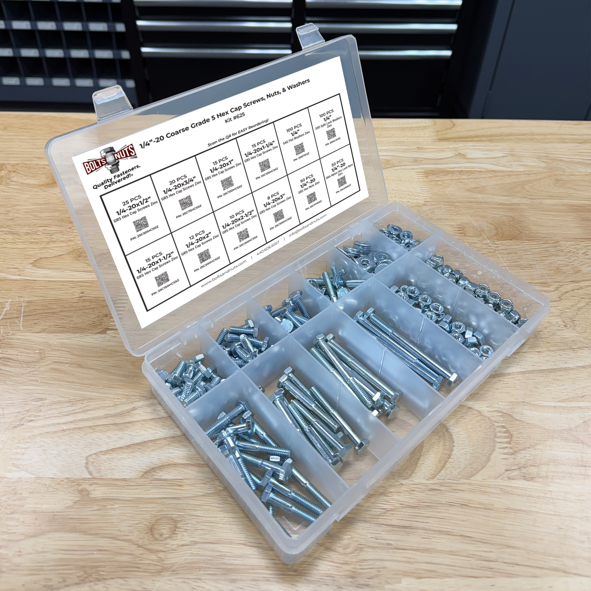 Assortment Kit #625 (421Pcs.) 1/4"-20 Grade 5 Hex Cap Screws, Grade 5 Hex & Nylon Nuts, Flat & Lock Washers - Zinc Plated