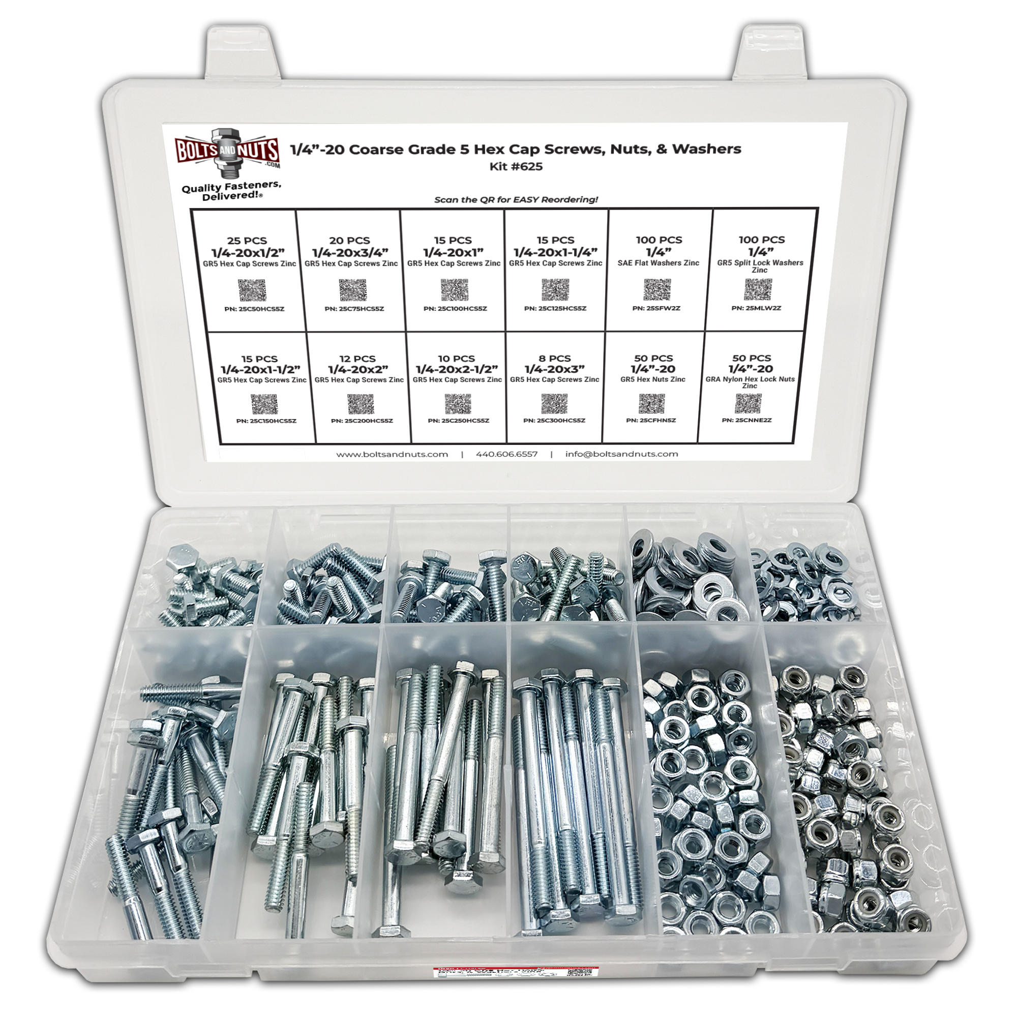 Assortment Kit #625 (421Pcs.) 1/4"-20 Grade 5 Hex Cap Screws, Grade 5 Hex & Nylon Nuts, Flat & Lock Washers - Zinc Plated