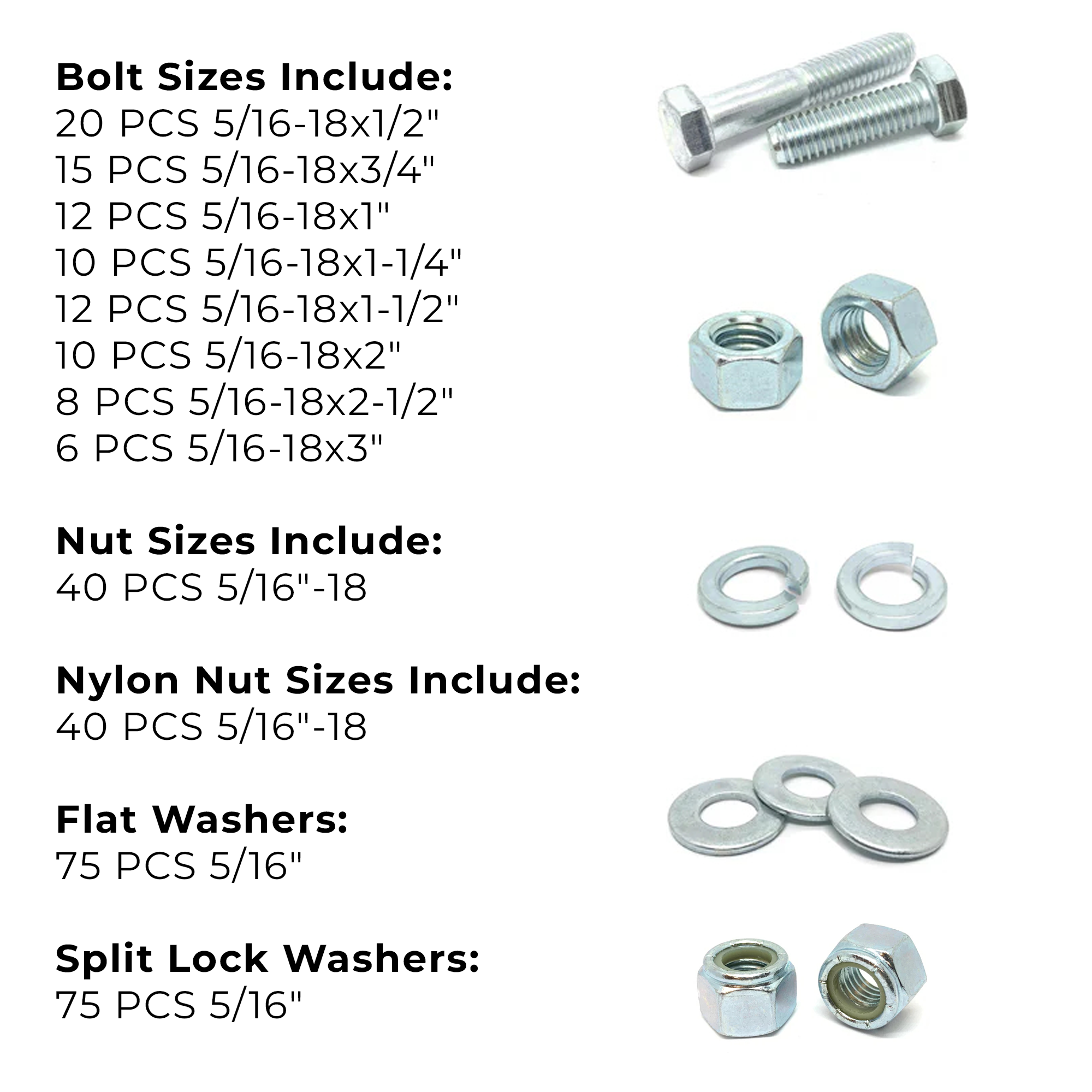 Assortment Kit #626 (324Pcs.) 5/16"-18 Grade 5 Hex Cap Screws, Grade 5 Hex & Nylon Nuts, Flat & Lock Washers - Zinc Plated