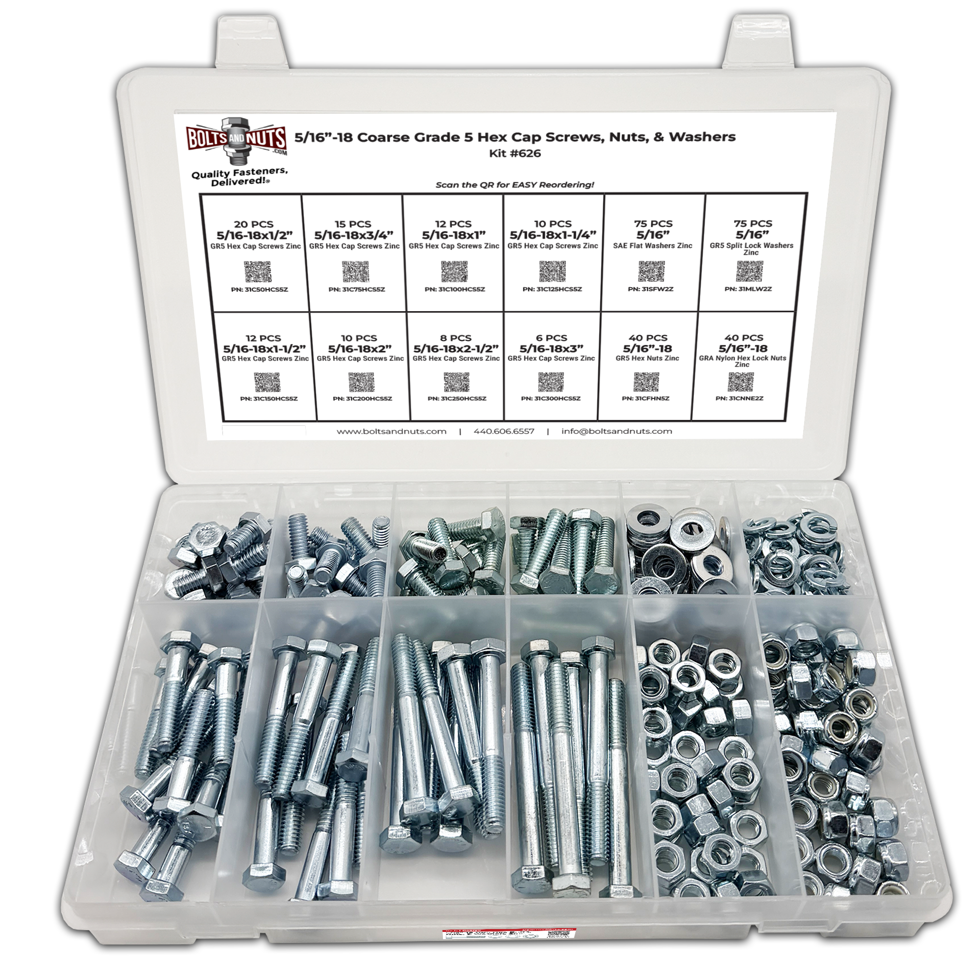 Assortment Kit #626 (324Pcs.) 5/16"-18 Grade 5 Hex Cap Screws, Grade 5 Hex & Nylon Nuts, Flat & Lock Washers - Zinc Plated