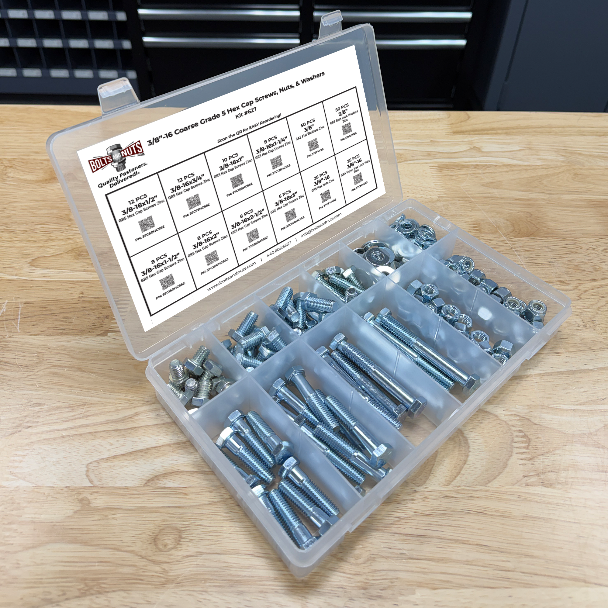 Assortment Kit #627 (220Pcs.) 3/8"-16 Grade 5 Hex Cap Screws, Grade 5 Hex & Nylon Nuts, Flat & Lock Washers - Zinc Plated