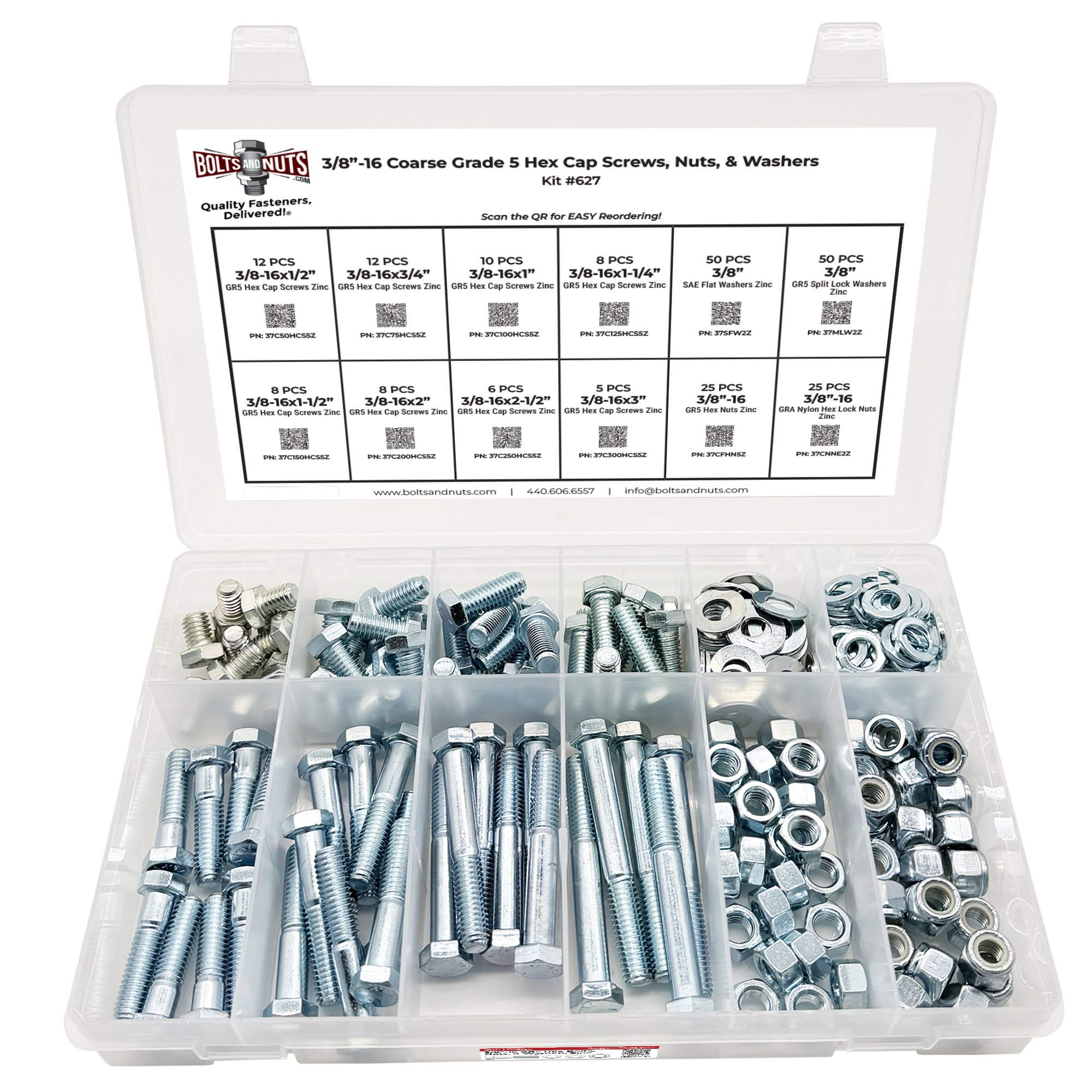 Assortment Kit #627 (220Pcs.) 3/8"-16 Grade 5 Hex Cap Screws, Grade 5 Hex & Nylon Nuts, Flat & Lock Washers - Zinc Plated
