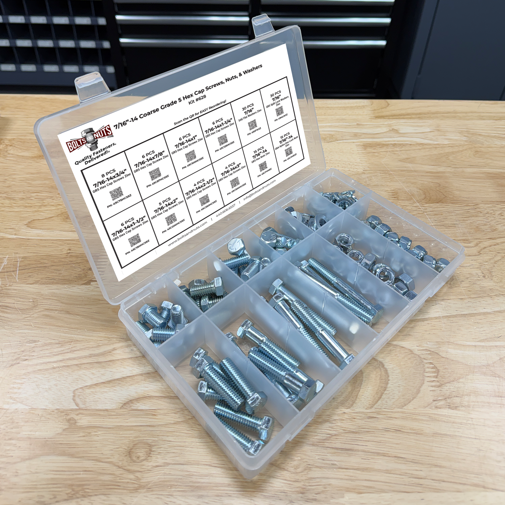 Assortment Kit #628 (136Pcs.) 7/16"-14 Grade 5 Hex Cap Screws, Grade 5 Hex & Nylon Nuts, Flat & Lock Washers - Zinc Plated