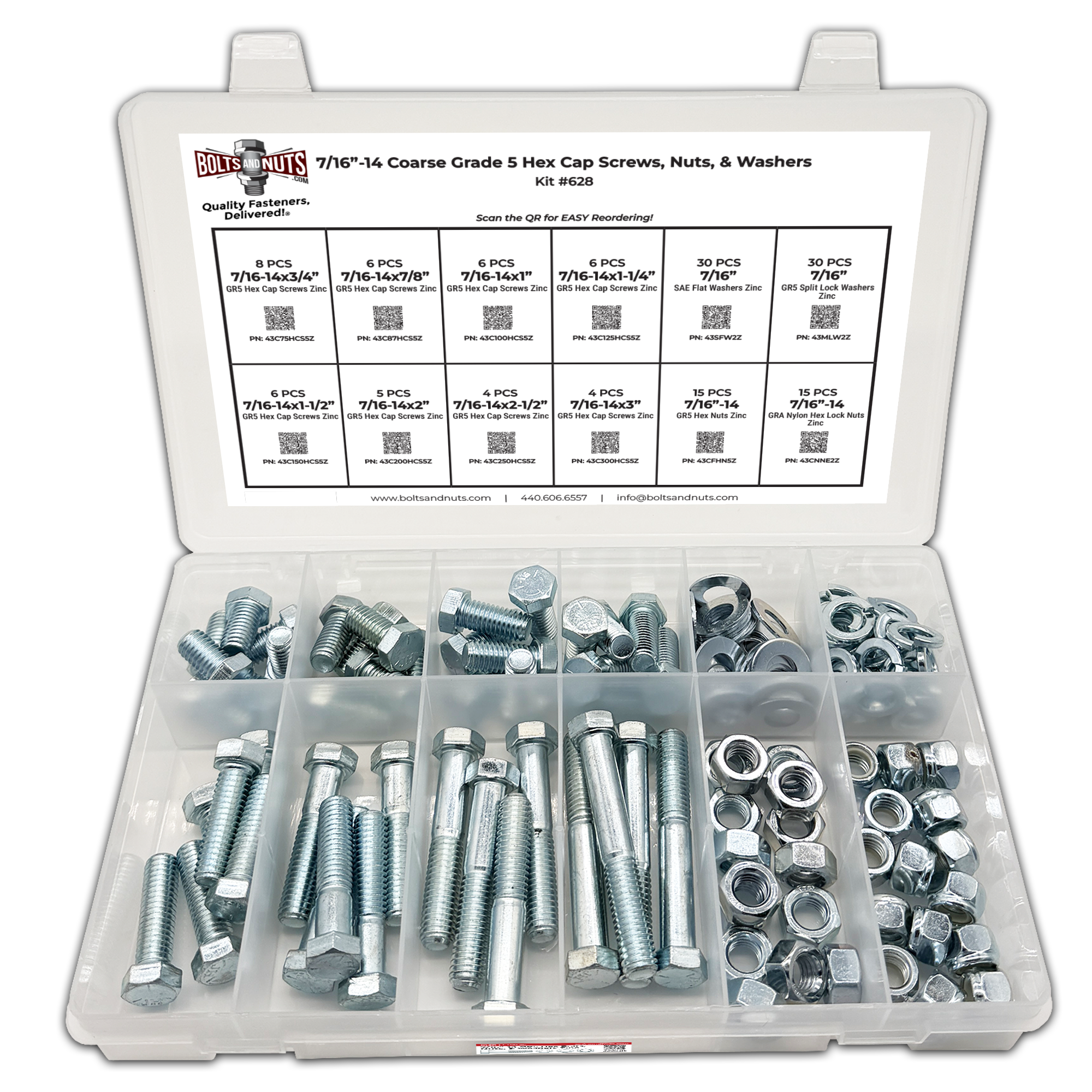 Assortment Kit #628 (136Pcs.) 7/16"-14 Grade 5 Hex Cap Screws, Grade 5 Hex & Nylon Nuts, Flat & Lock Washers - Zinc Plated