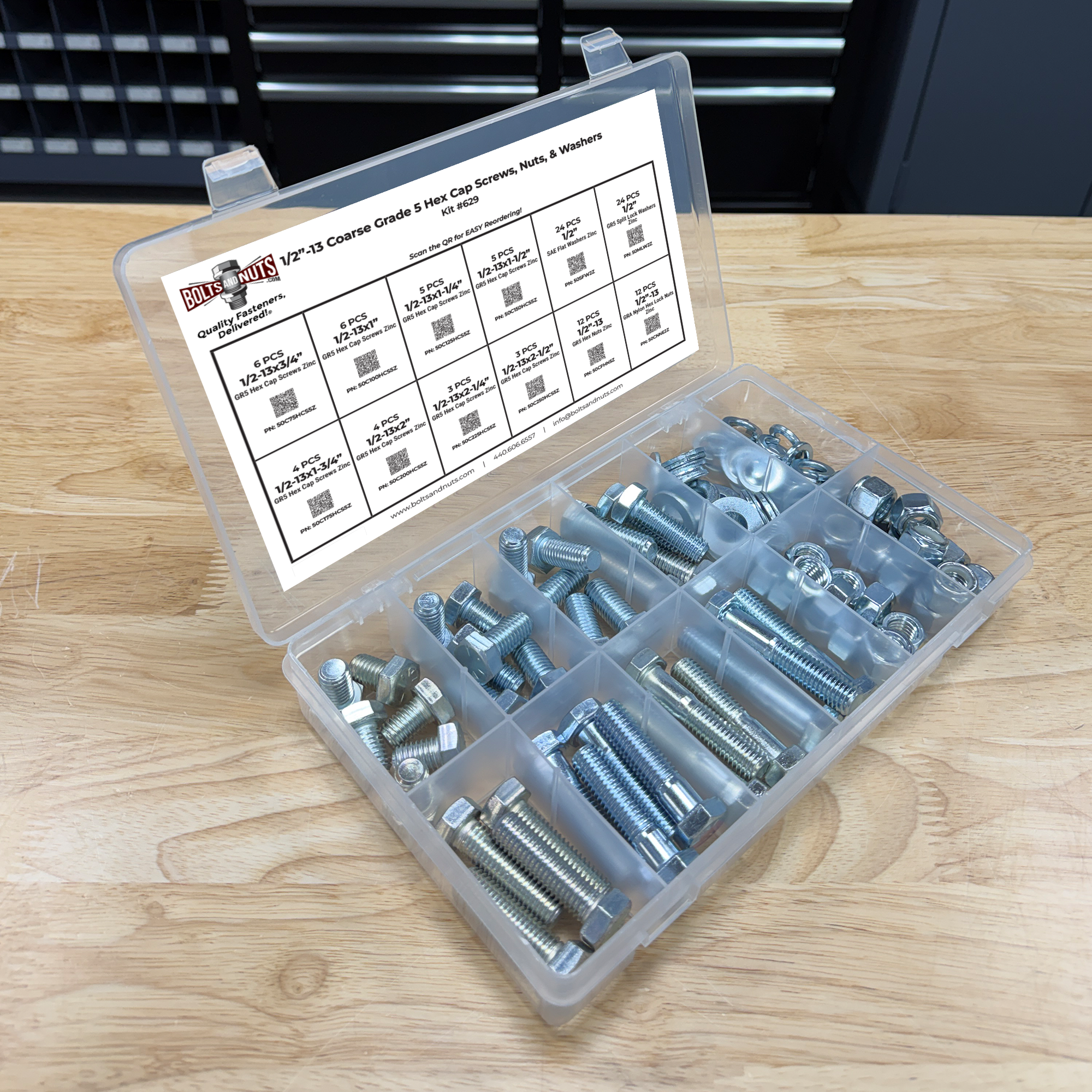 Assortment Kit #629 (109Pcs.) 1/2"-13 Grade 5 Hex Cap Screws, Grade 5 Hex & Nylon Nuts, Flat & Lock Washers - Zinc Plated