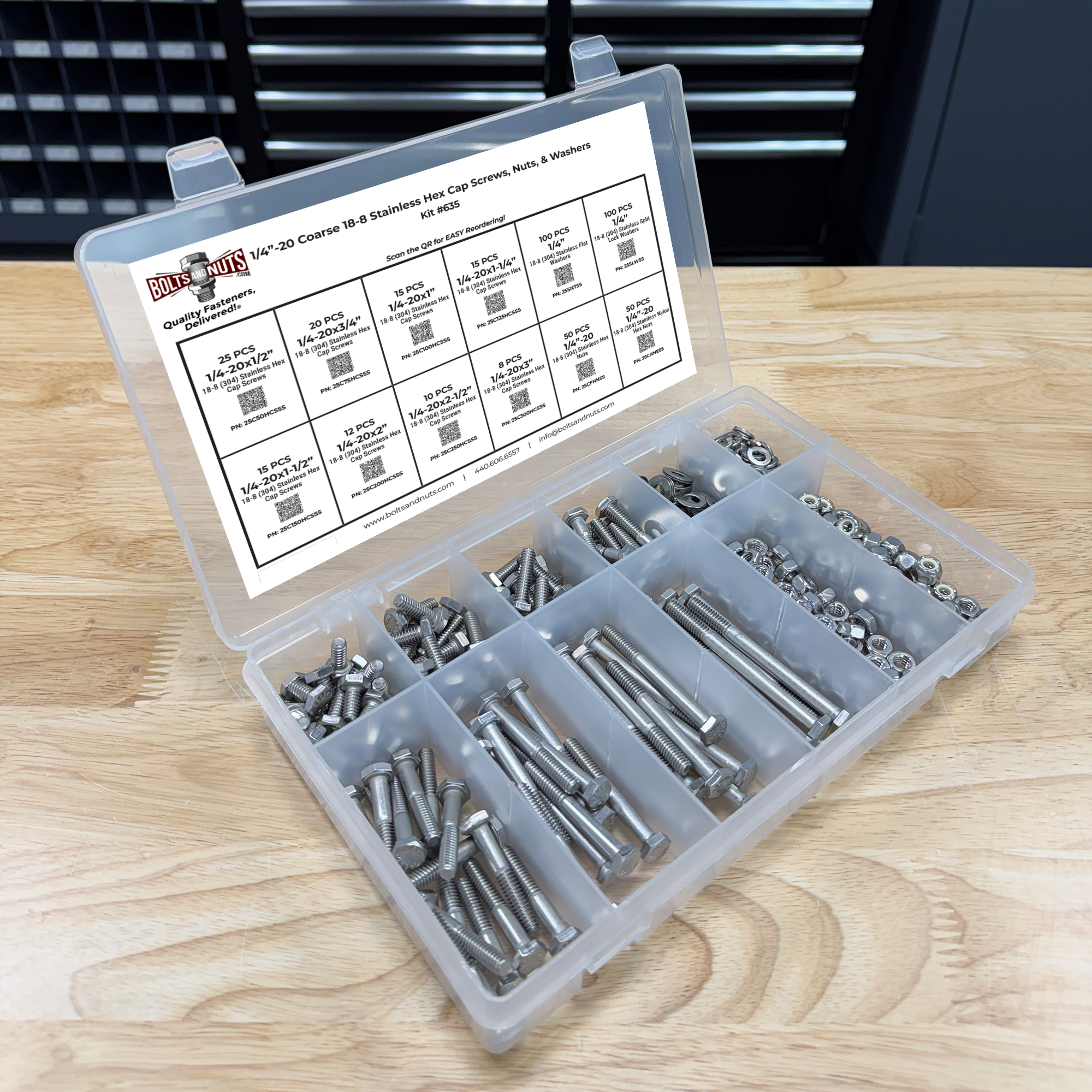 Assortment Kit #635 (421Pcs.) 1/4"-20, 18-8 (304) Stainless Steel Hex Cap Screws, Hex & Nylon Nuts, Flat & Lock Washers