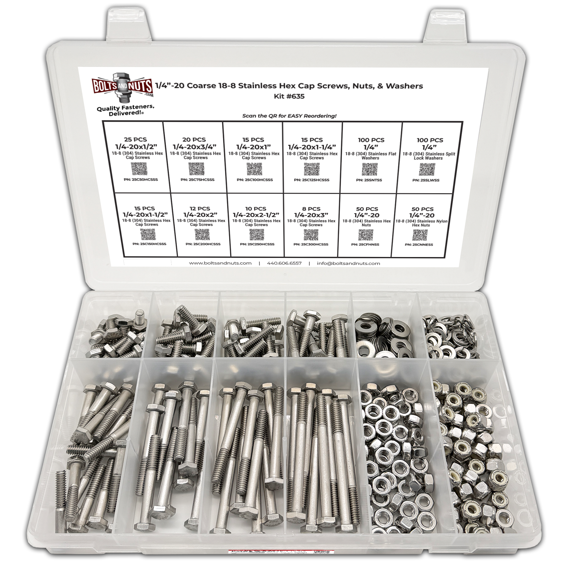 Assortment Kit #635 (421Pcs.) 1/4"-20, 18-8 (304) Stainless Steel Hex Cap Screws, Hex & Nylon Nuts, Flat & Lock Washers