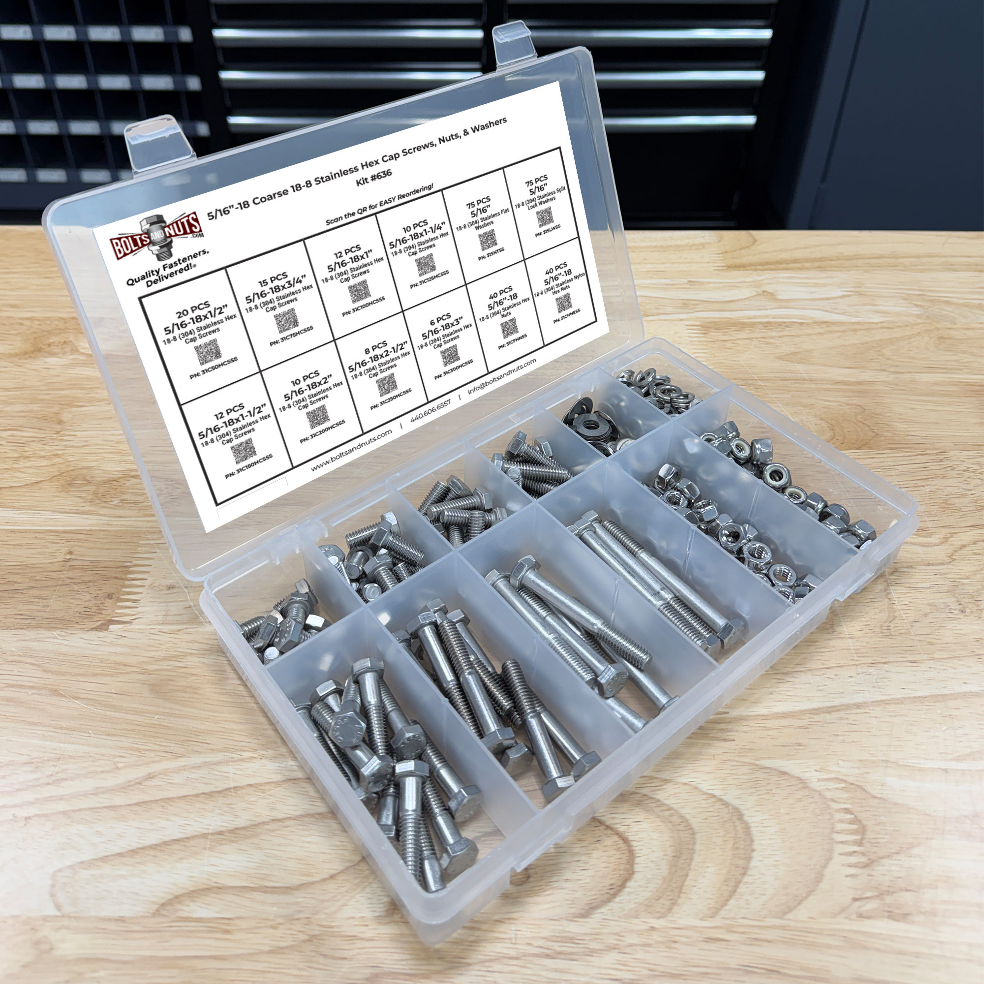 Assortment Kit #636 (324Pcs.) 5/16"-18, 18-8 (304) Stainless Steel Hex Cap Screws, Hex & Nylon Nuts, Flat & Lock Washers