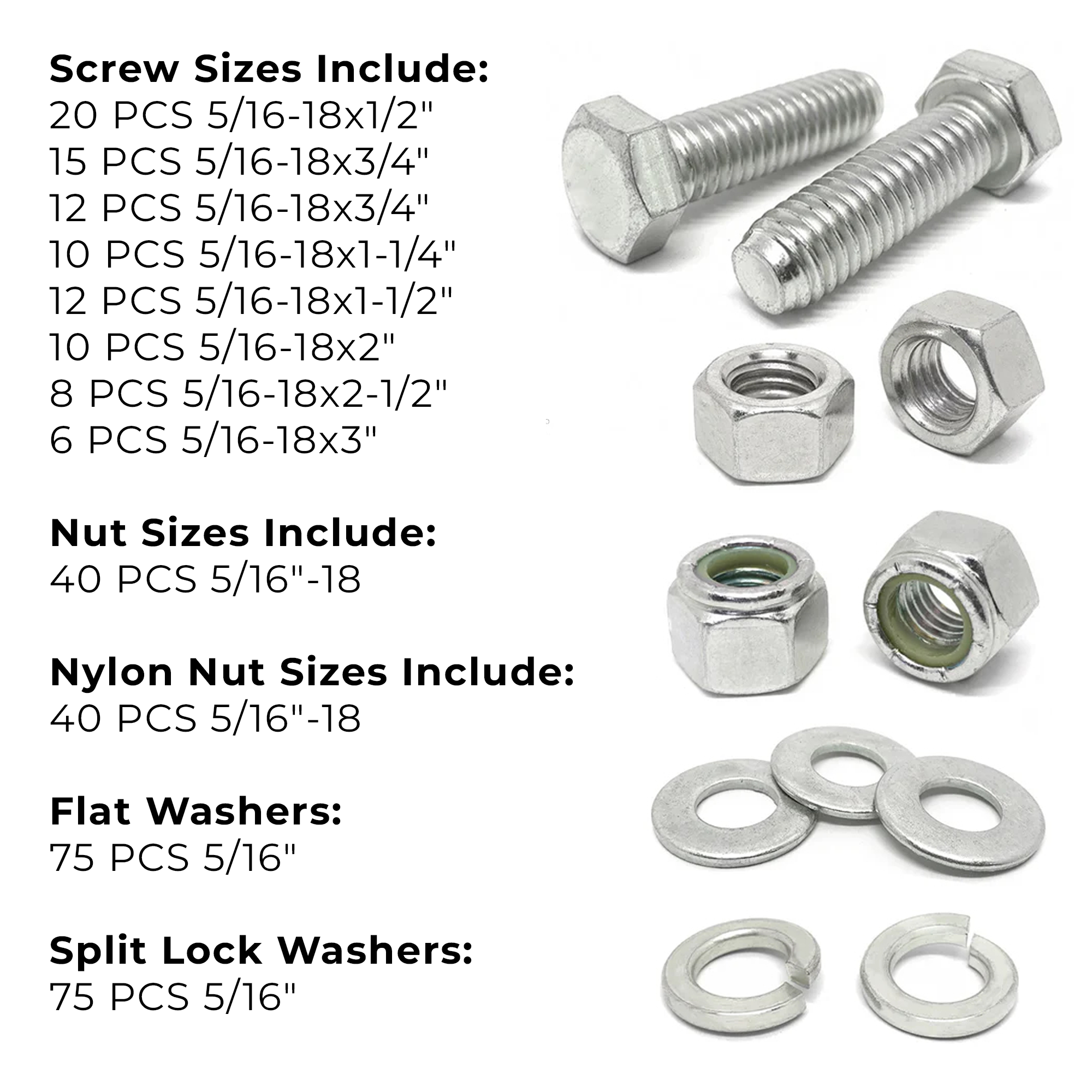 Assortment Kit #636 (324Pcs.) 5/16"-18, 18-8 (304) Stainless Steel Hex Cap Screws, Hex & Nylon Nuts, Flat & Lock Washers