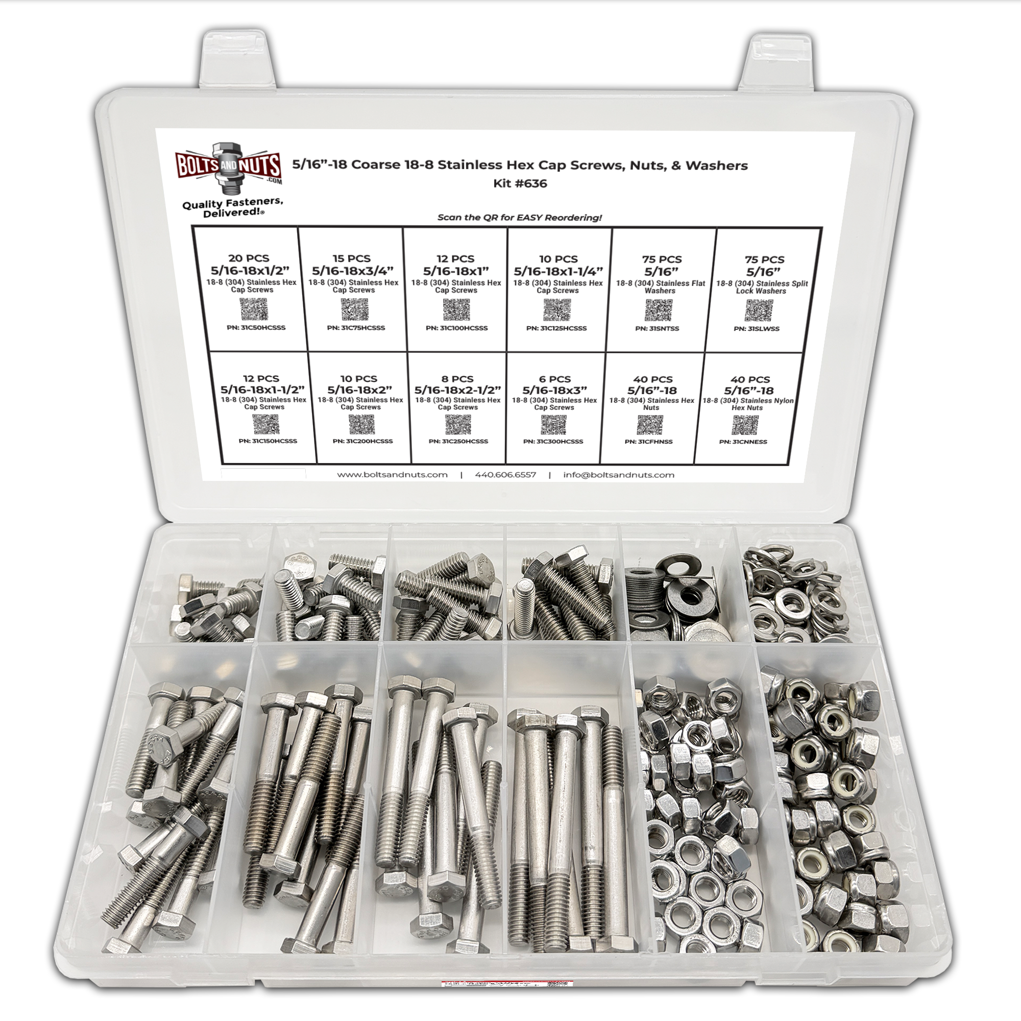 Assortment Kit #636 (324Pcs.) 5/16"-18, 18-8 (304) Stainless Steel Hex Cap Screws, Hex & Nylon Nuts, Flat & Lock Washers
