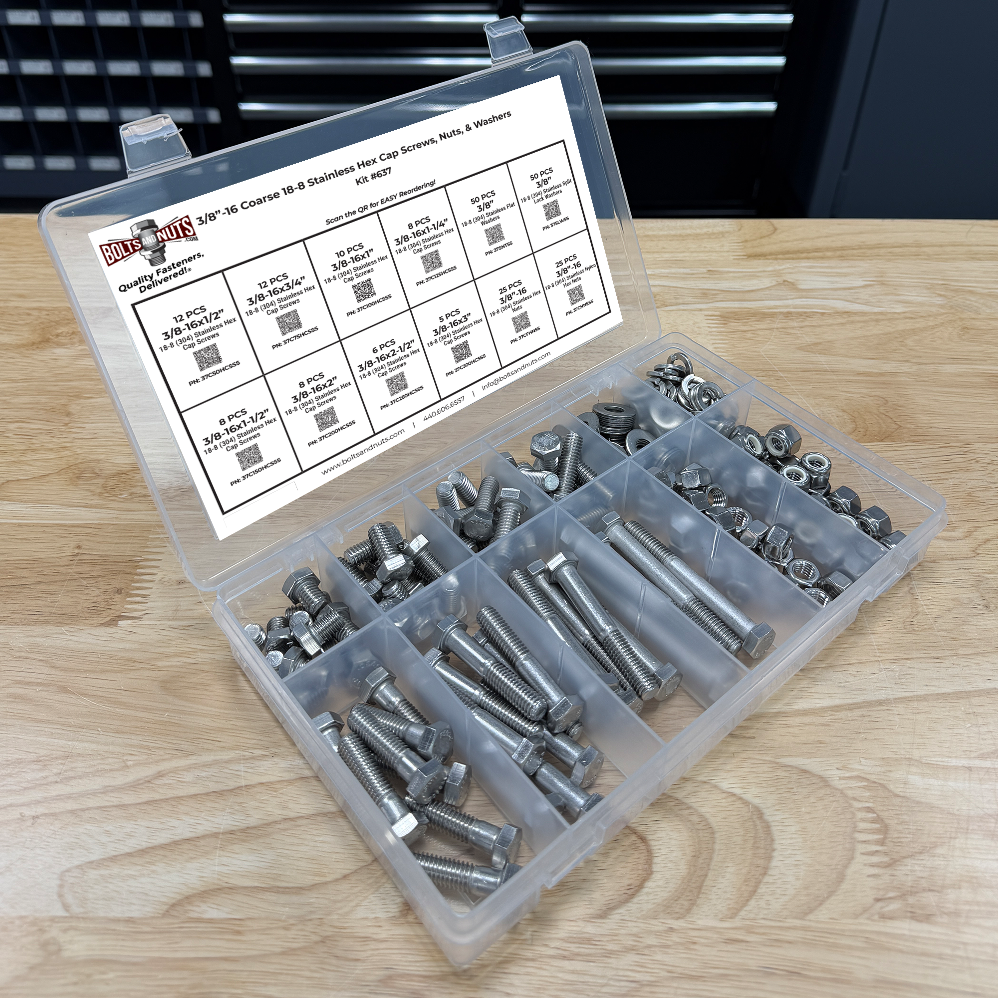 Assortment Kit #637 (220Pcs.) 3/8"-16, 18-8 (304) Stainless Steel Hex Cap Screws, Hex & Nylon Nuts, Flat & Lock Washers